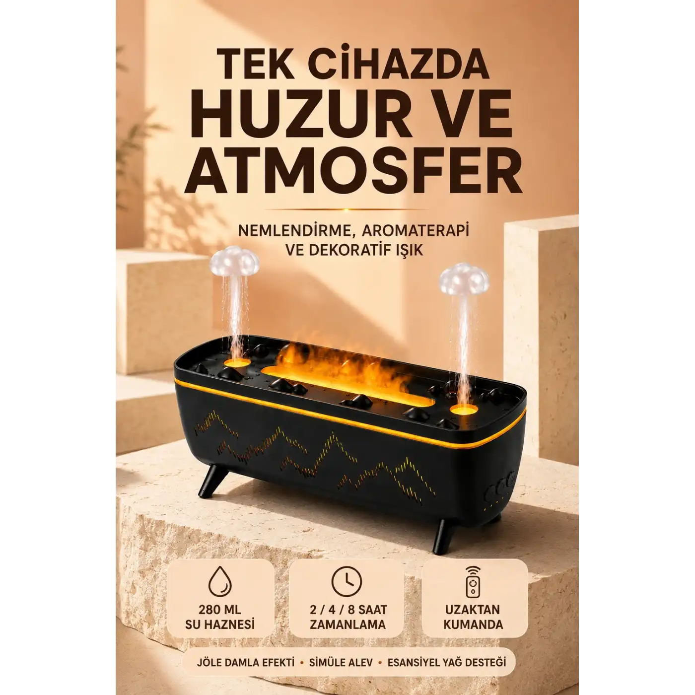 Jöle Yağmur Efektli Hava Nemlendirici 280 ML Aromaterapi Difüzörü Alev Efektli