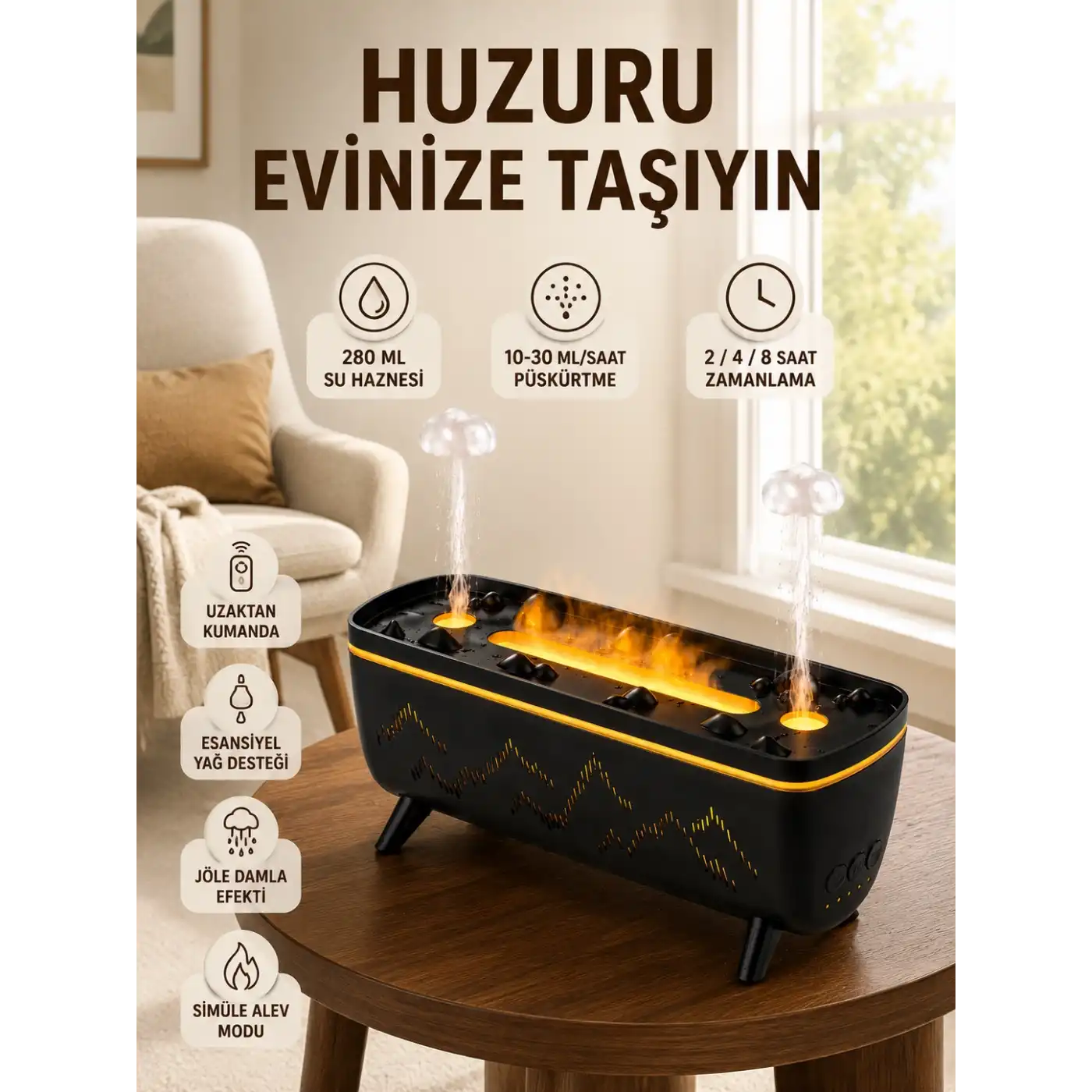 Jöle Yağmur Efektli Hava Nemlendirici 280 ML Aromaterapi Difüzörü Alev Efektli