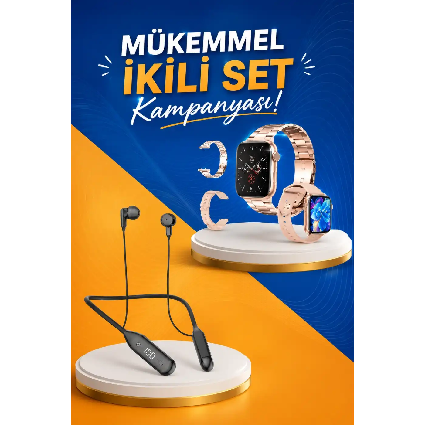 Kablolu Bluetooth Kulaklık ve Kadınlara Özel Bileklik Hediyeli Yeni Nesil Akıllı Saat 3 Kordonlu