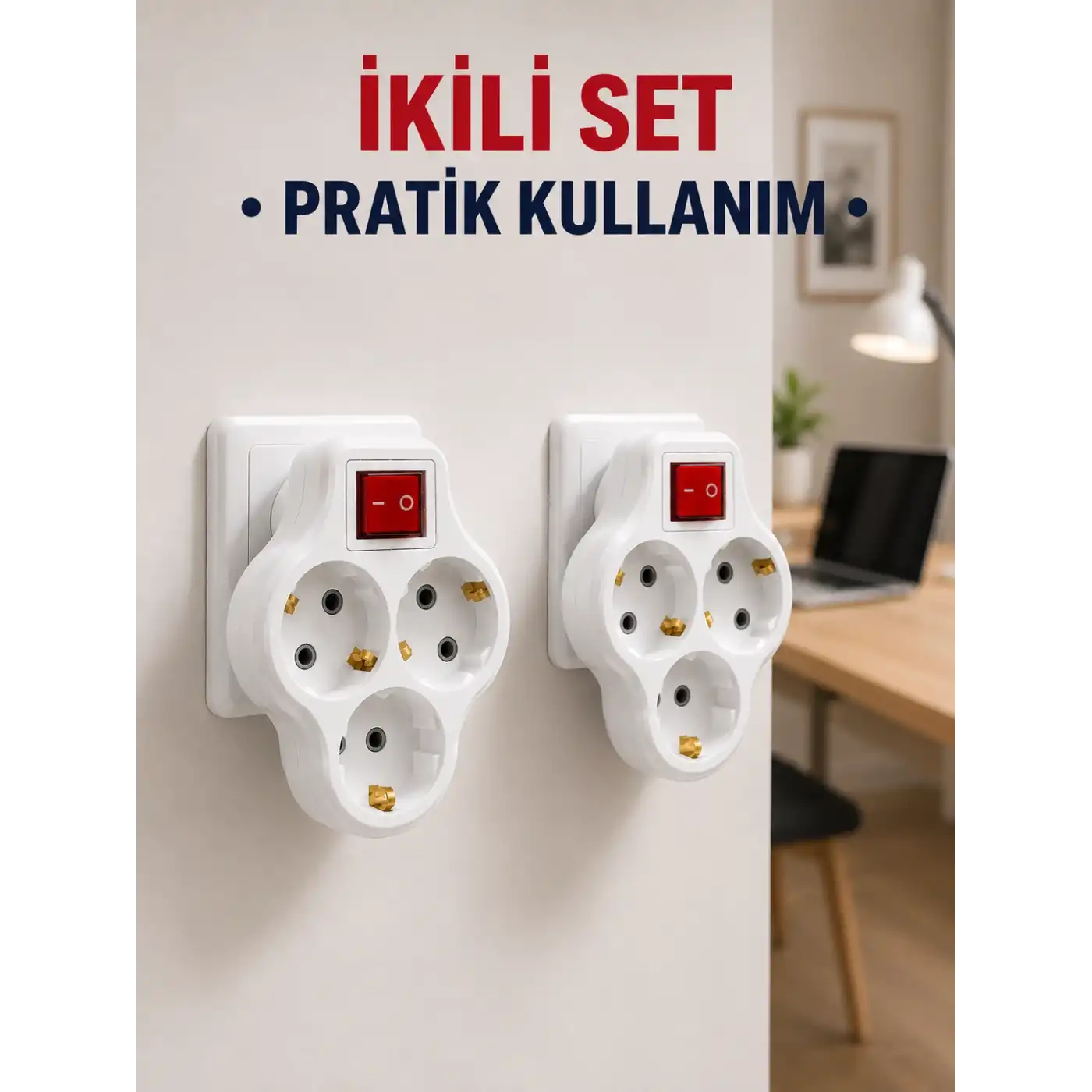 Kablosuz 3’lü Priz Çoklayıcı Açma Kapama Anahtarlı Duvar Tipi 2 Adet Set