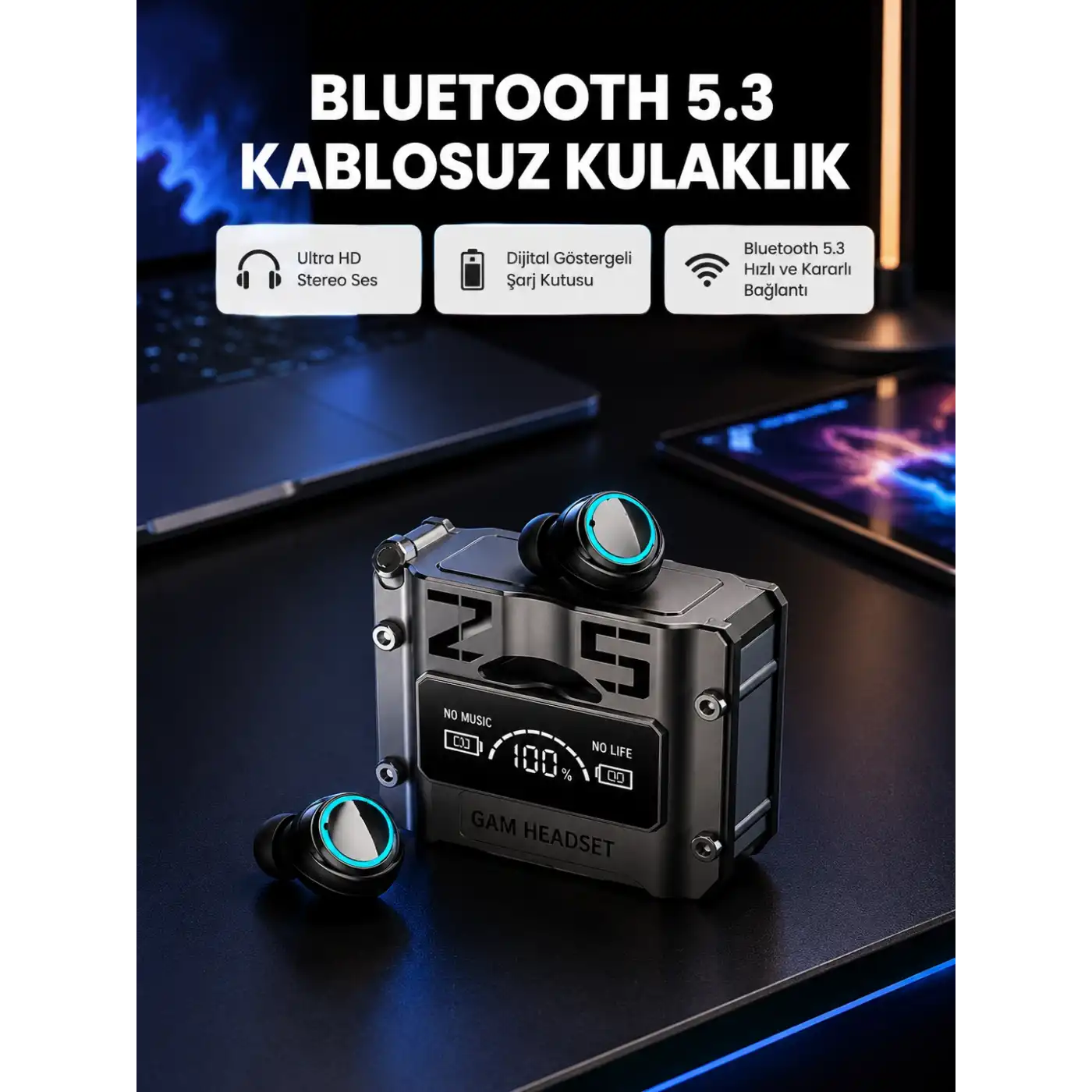 Kablosuz Bluetooth 5.3 Kulaklık – Aktif Gürültü Engelleme ve Gecikmesiz Oyun Modu