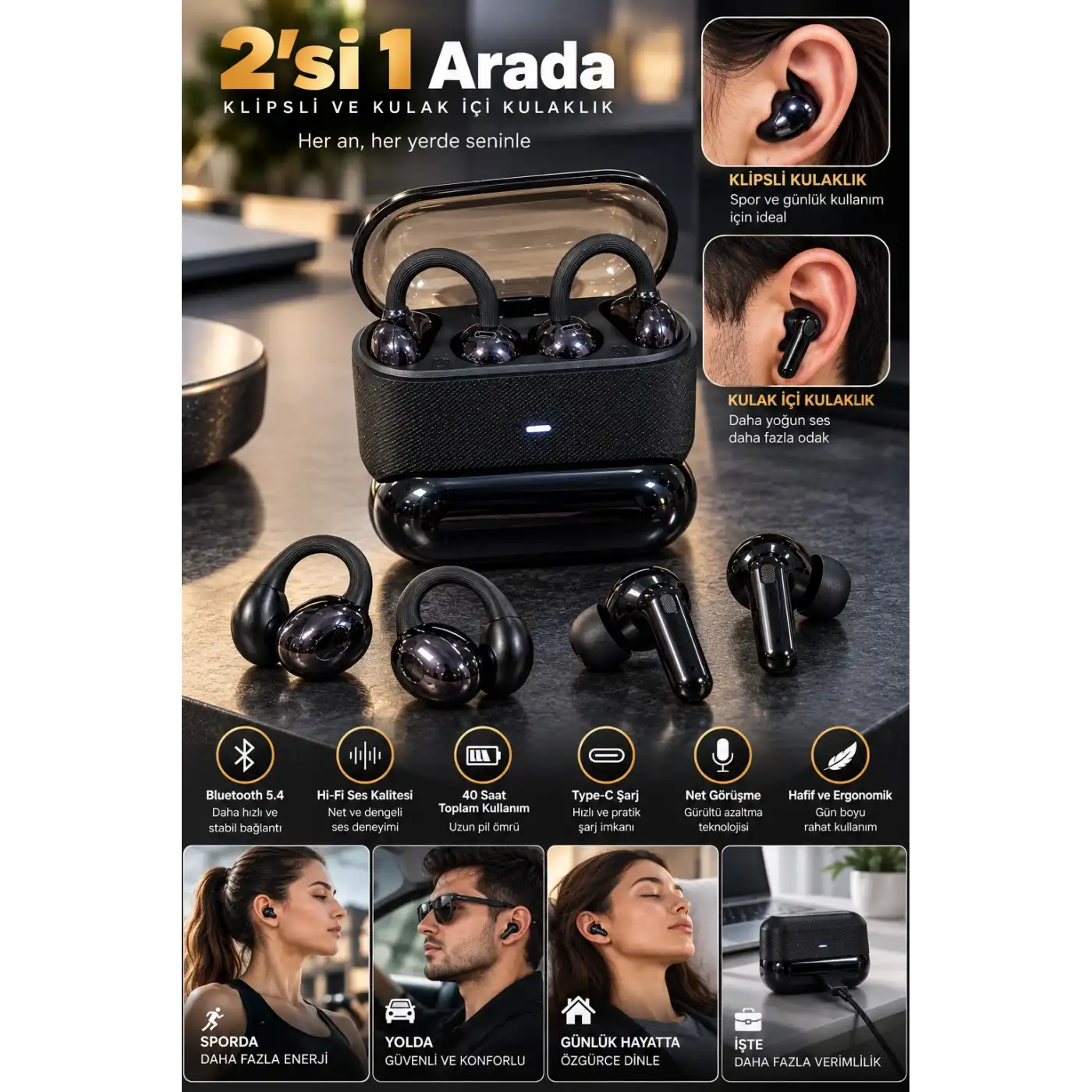 Kablosuz Bluetooth Kulaklık 4 Kulaklıklı 2’si 1 Arada Siyah