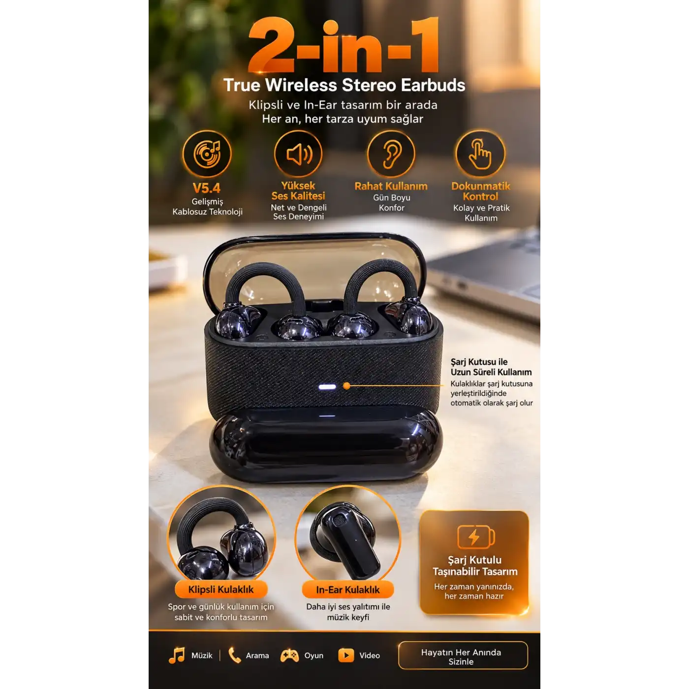 Kablosuz Bluetooth Kulaklık 4 Kulaklıklı 2’si 1 Arada Siyah