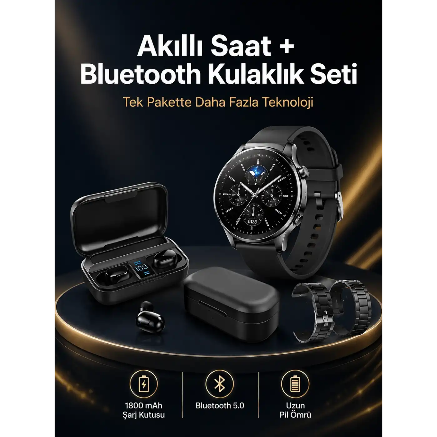 Kablosuz Bluetooth Kulaklık ve Kordon Hediyeli Akıllı Saat Nabız Ölçer Uzun Pil Ömrü