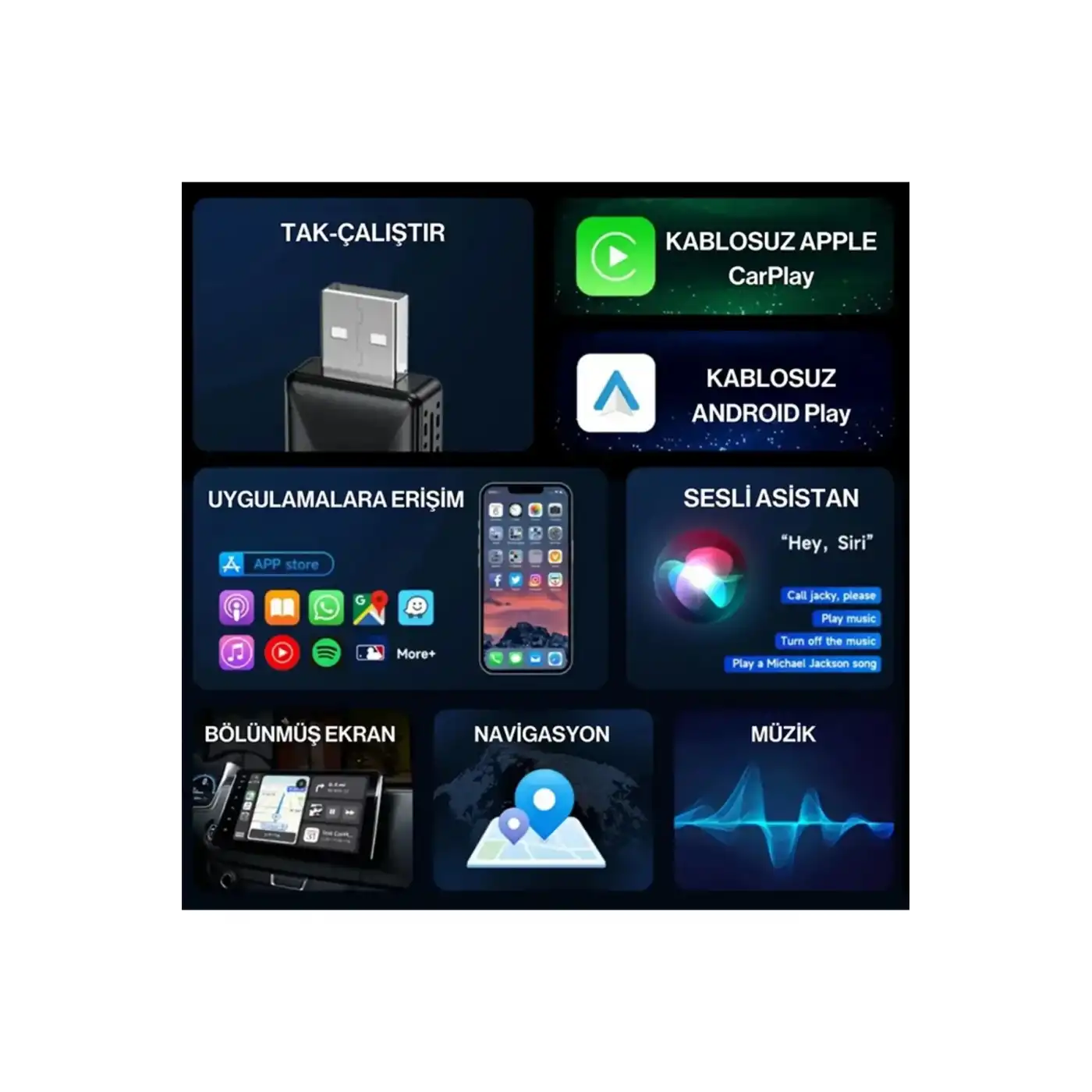 Kablosuz CarPlay & Android Auto Adaptörü - Apple ve Android Cihazlar İçin Evrensel Wireless Carplay Çevirici