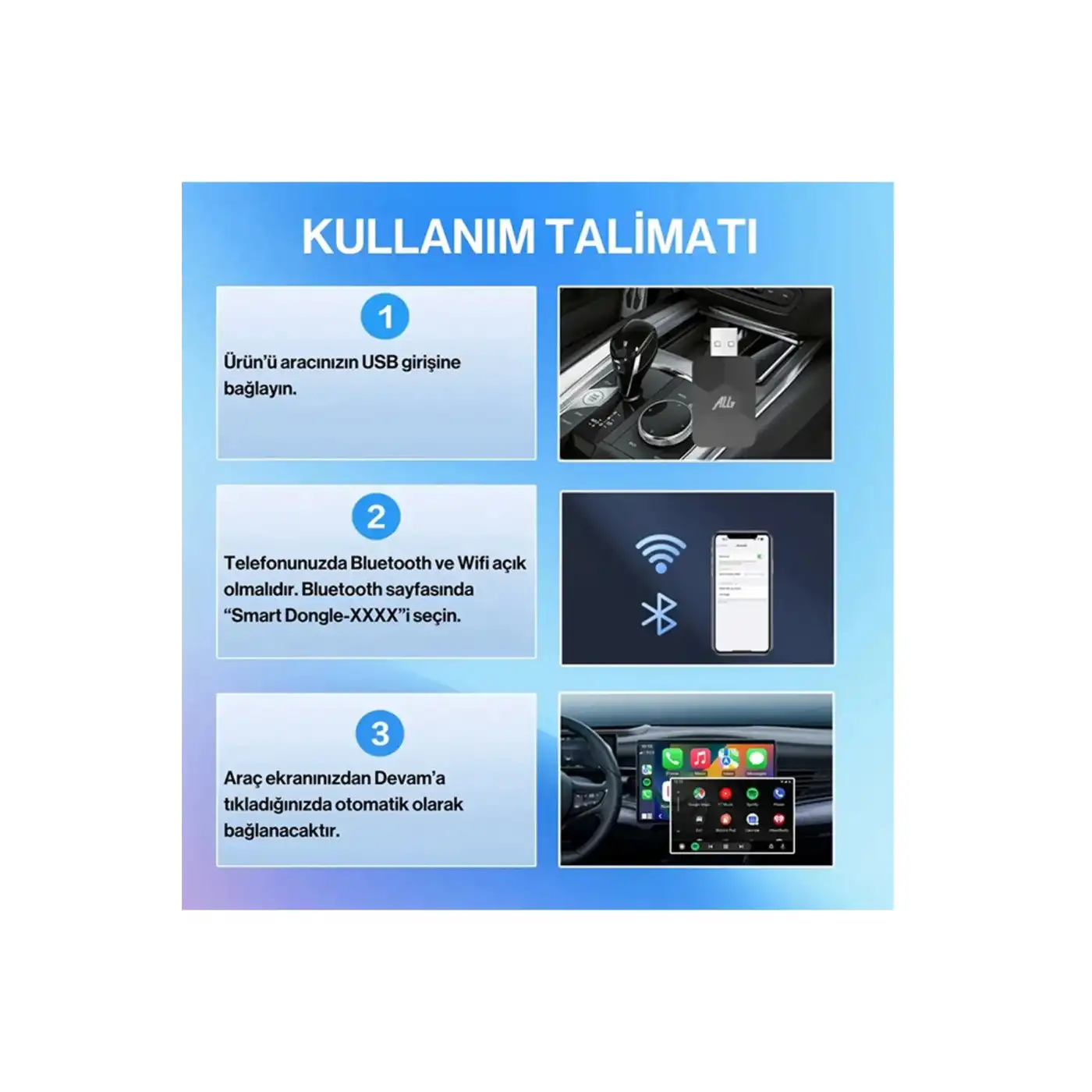 Kablosuz CarPlay & Android Auto Adaptörü - Apple ve Android Cihazlar İçin Evrensel Wireless Carplay Çevirici