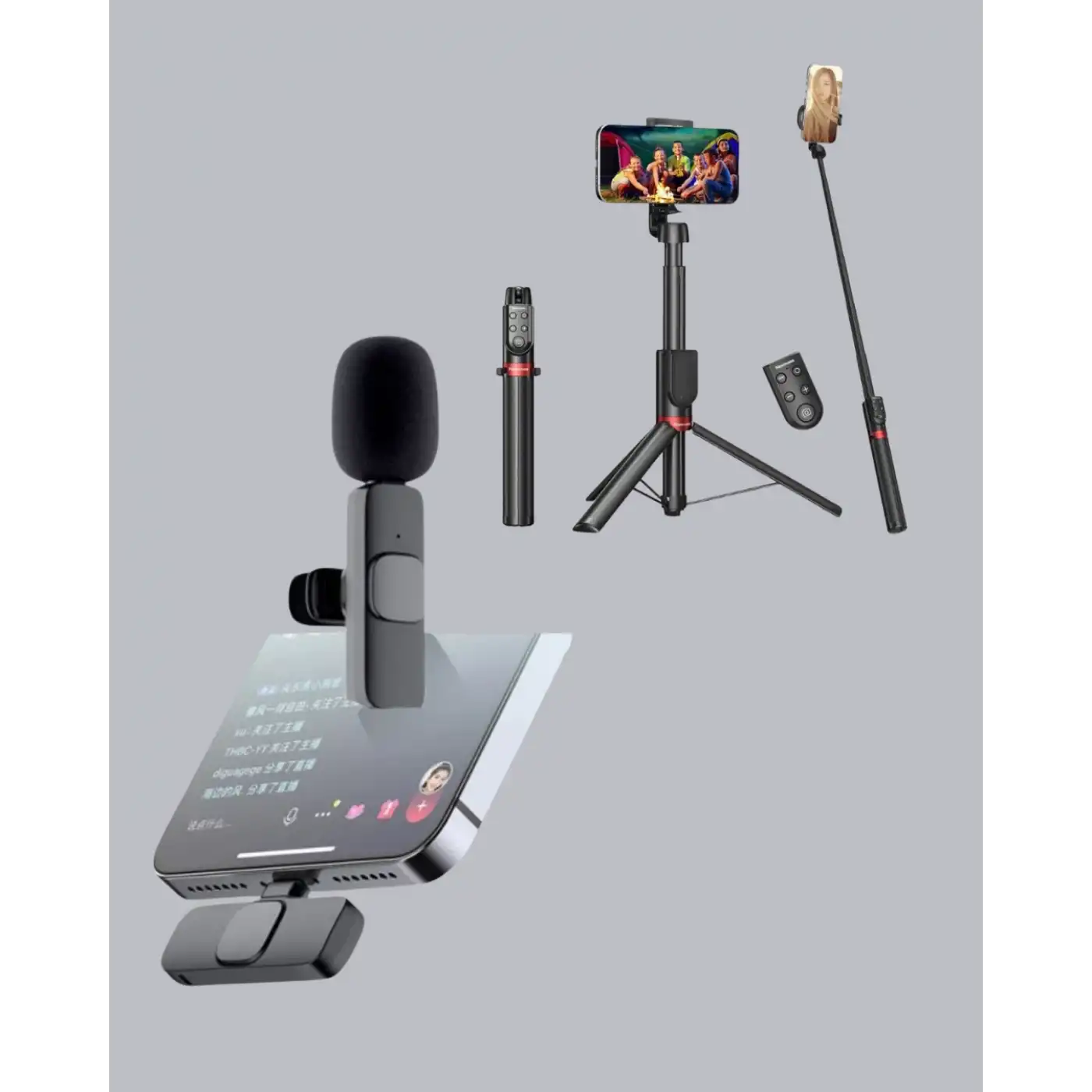 Kablosuz Çift Yaka Mikrofonu ve Tripodlu Selfie Çubuğu İçerik Üretici Seti