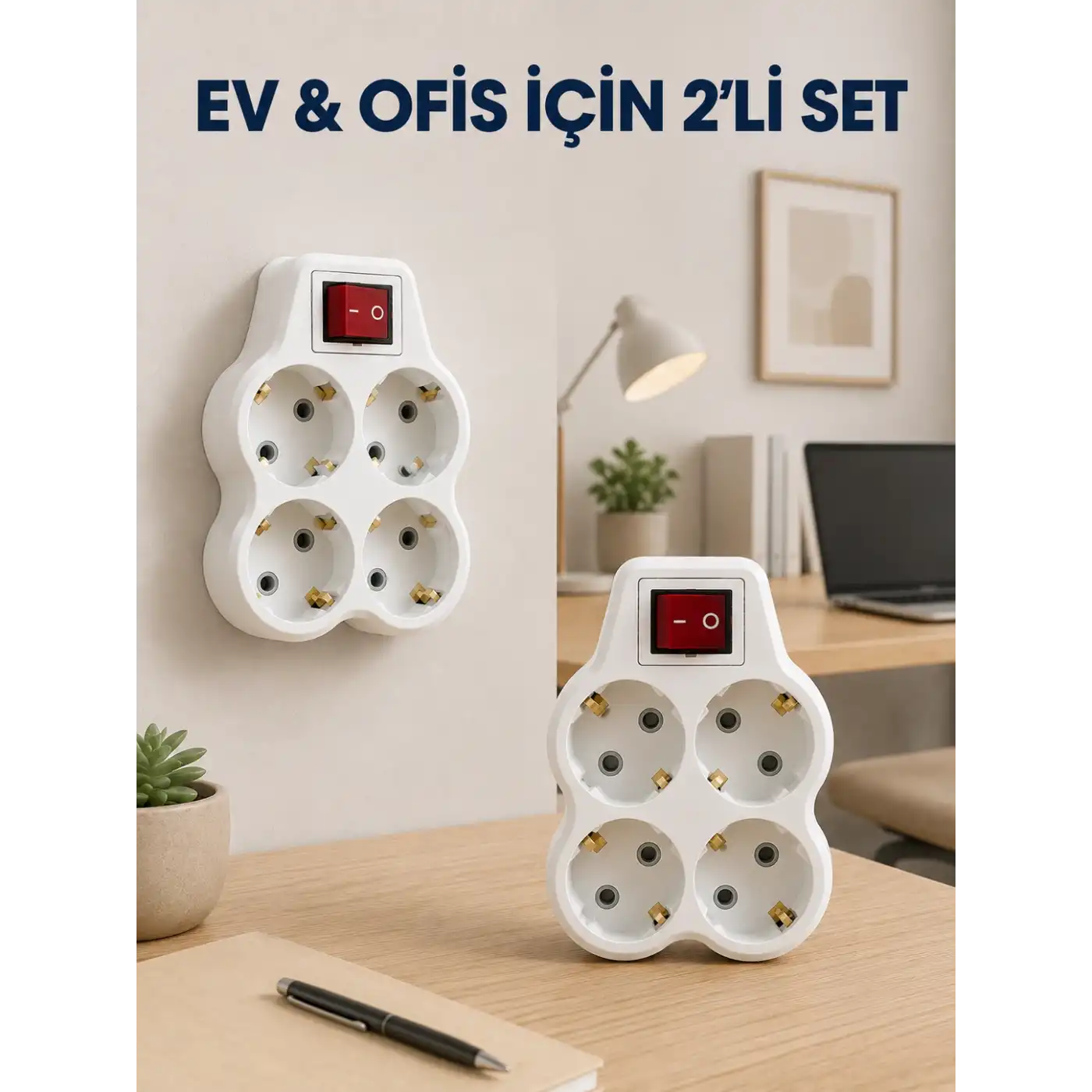 Kablosuz Duvar Tipi Priz Çoğaltıcı 4 Çıkışlı Anahtarlı 2 Adet Avantajlı Set