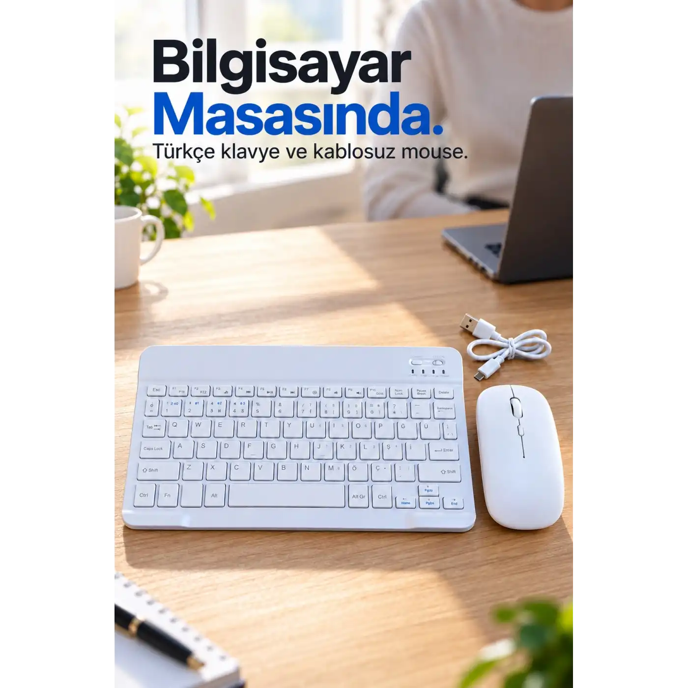 Kablosuz Klavye Mouse Seti Beyaz Türkçe Q