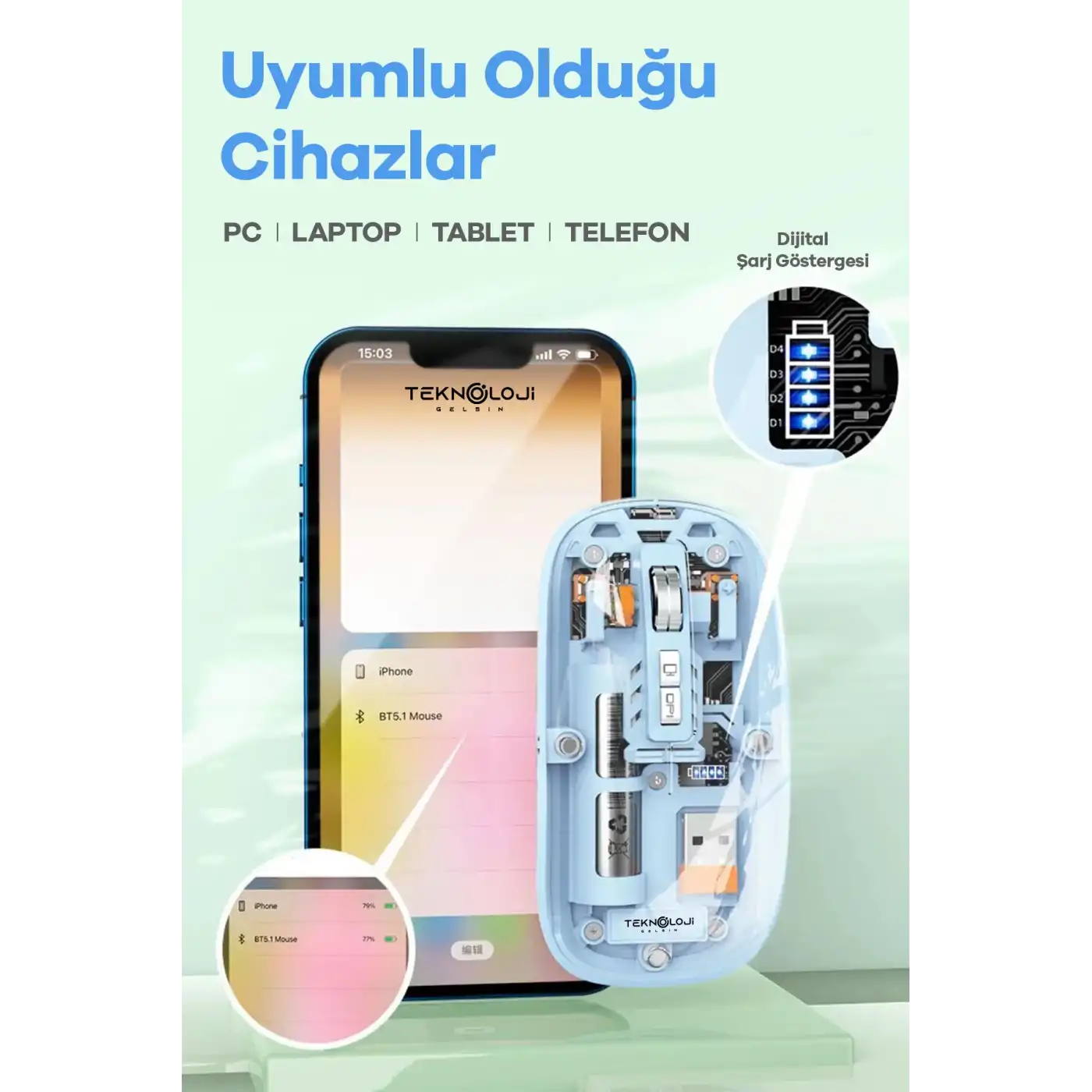 Bluetooth USB Çift Modlu Sessiz Mouse, Şeffaf Mıknatıslı Kapaklı, Type-C Şarjlı, DPI Ayarlı, Kablosuz 10m Çekim Mesafeli, Masaüstü Kısayol Tuşlu, Taşınabilir Şarjlı Mouse Siyah