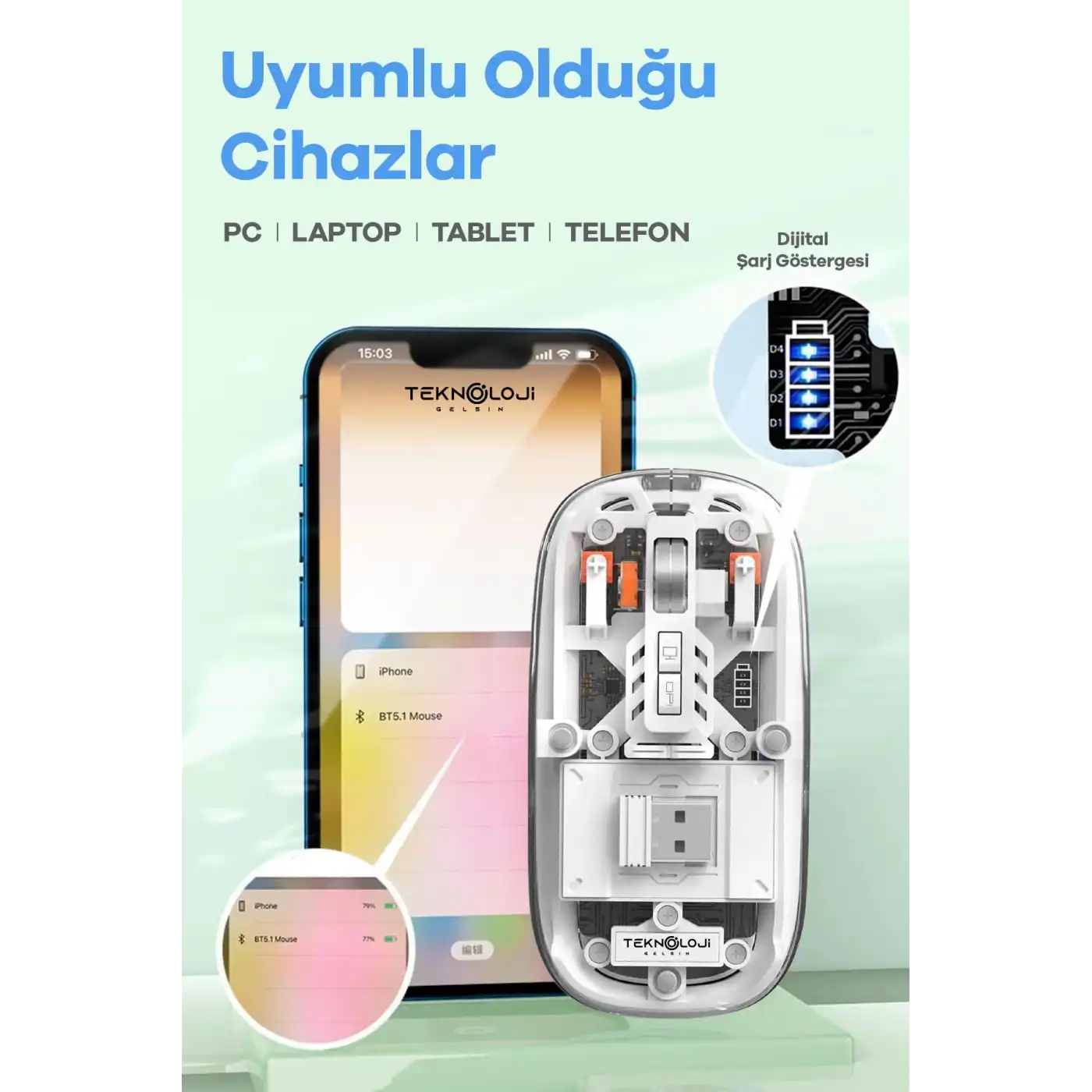 Bluetooth USB Çift Modlu Sessiz Mouse, Şeffaf Mıknatıslı Kapaklı, Type-C Şarjlı, DPI Ayarlı, Kablosuz 10m Çekim Mesafeli, Masaüstü Kısayol Tuşlu, Taşınabilir Şarjlı Mouse Beyaz