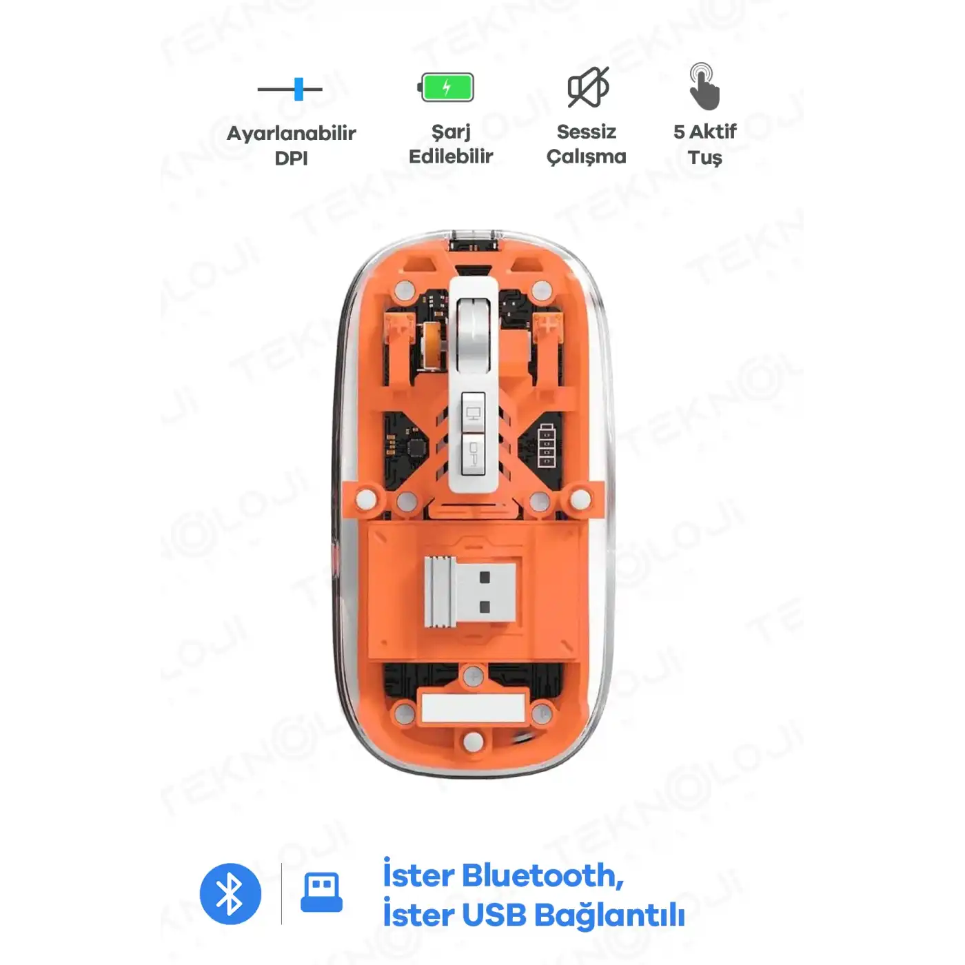 Bluetooth USB Çift Modlu Sessiz Mouse, Şeffaf Mıknatıslı Kapaklı, Type-C Şarjlı, DPI Ayarlı, Kablosuz 10m Çekim Mesafeli, Masaüstü Kısayol Tuşlu, Taşınabilir Şarjlı Mouse Turuncu