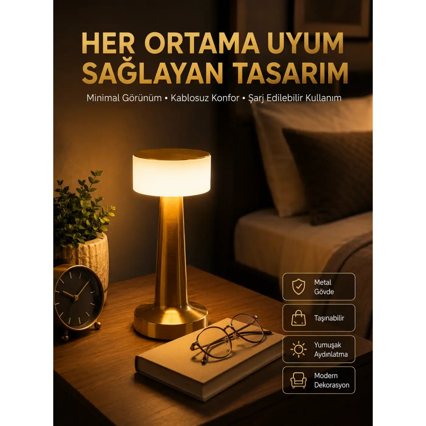 Kablosuz Renkli Masa ve Gece Lambası Altın Rengi Dokunmatik Led Lamba