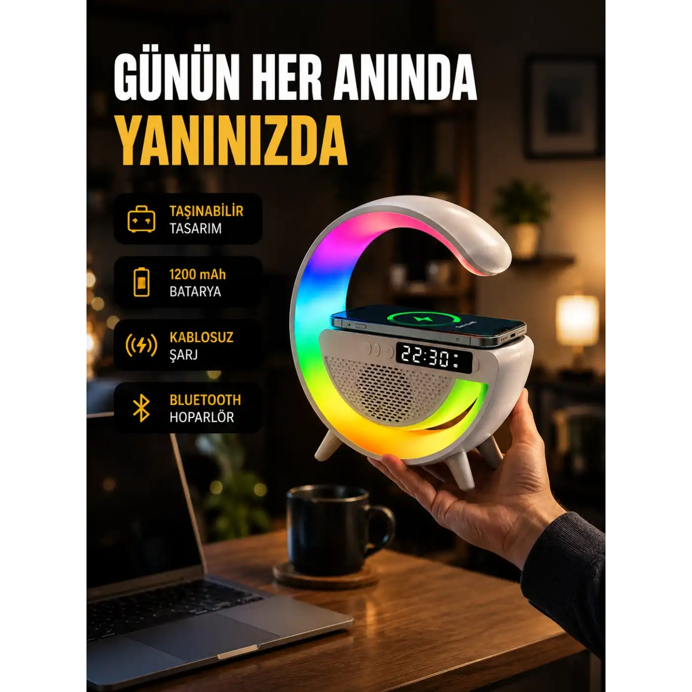Kablosuz Şarjlı LED Masa Lambası Çalar Saat ve Beyaz Gürültü Özellikli