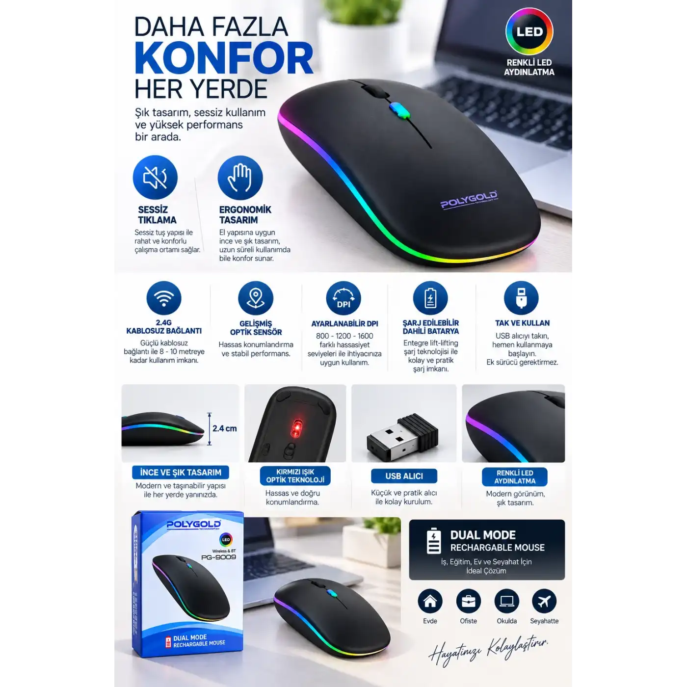 Kablosuz Şarjlı Sessiz Tıklamalı Ergonomik Mouse