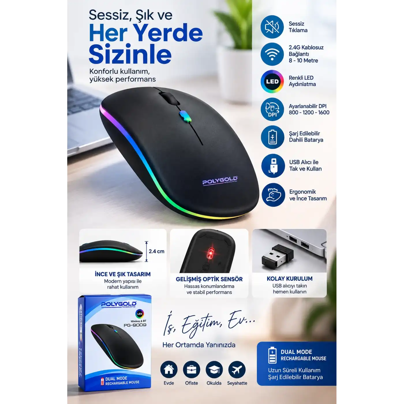 Kablosuz Şarjlı Sessiz Tıklamalı Ergonomik Mouse