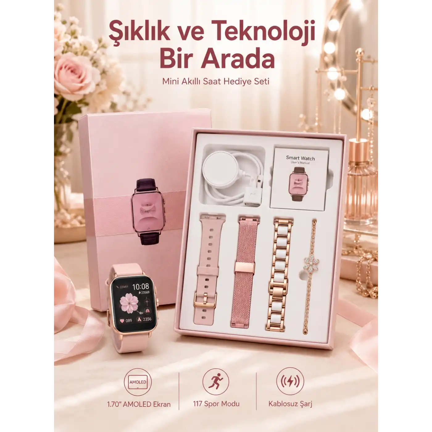 Kadınlar İçin Dokunmatik Ekran Akıllı Saat ve  Kablosuz Bluetooth Kulaklık ANC Özelliği