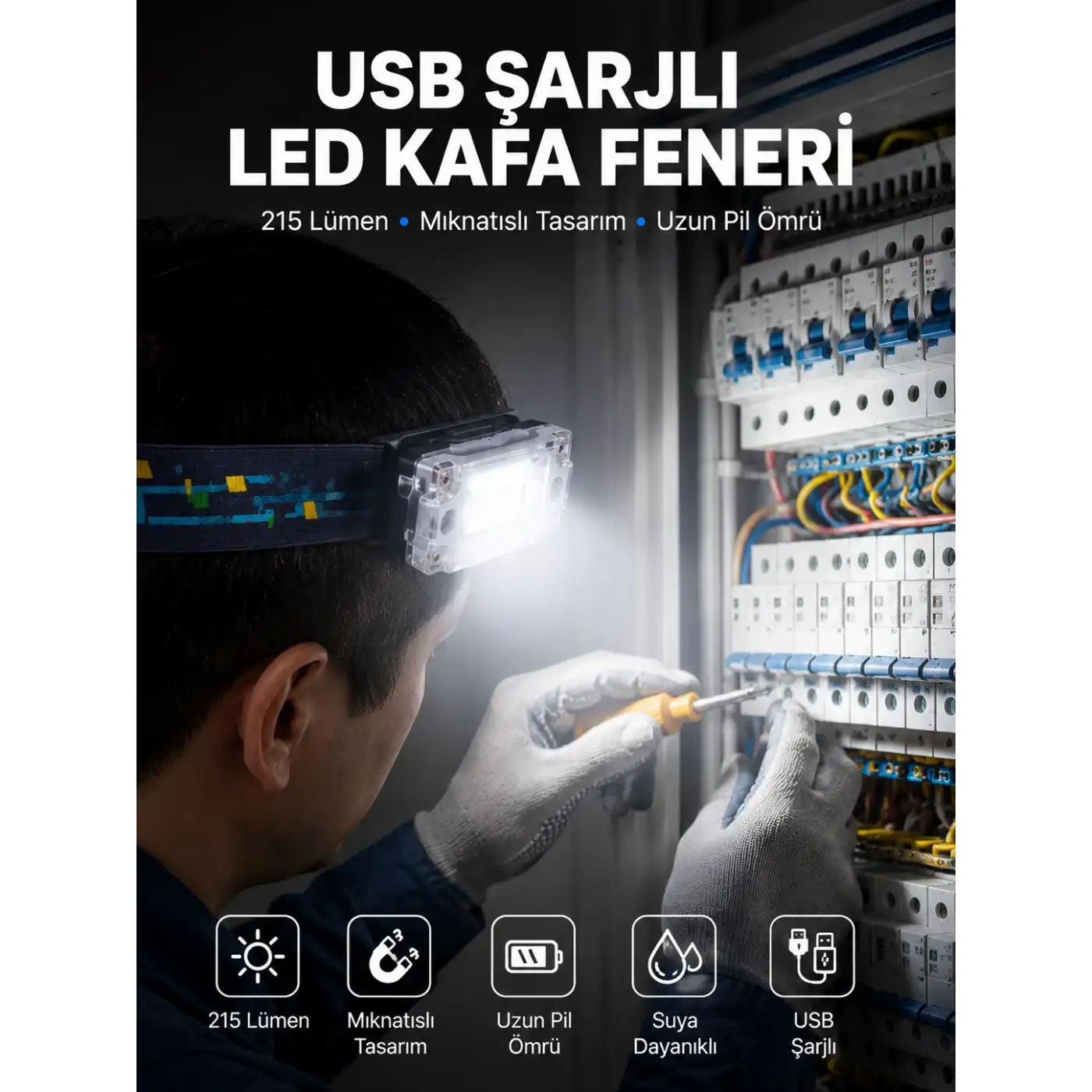Kafa Lambası Led Fener Pratik Taşınabilir Ayarlanabilir USB Şarjlı