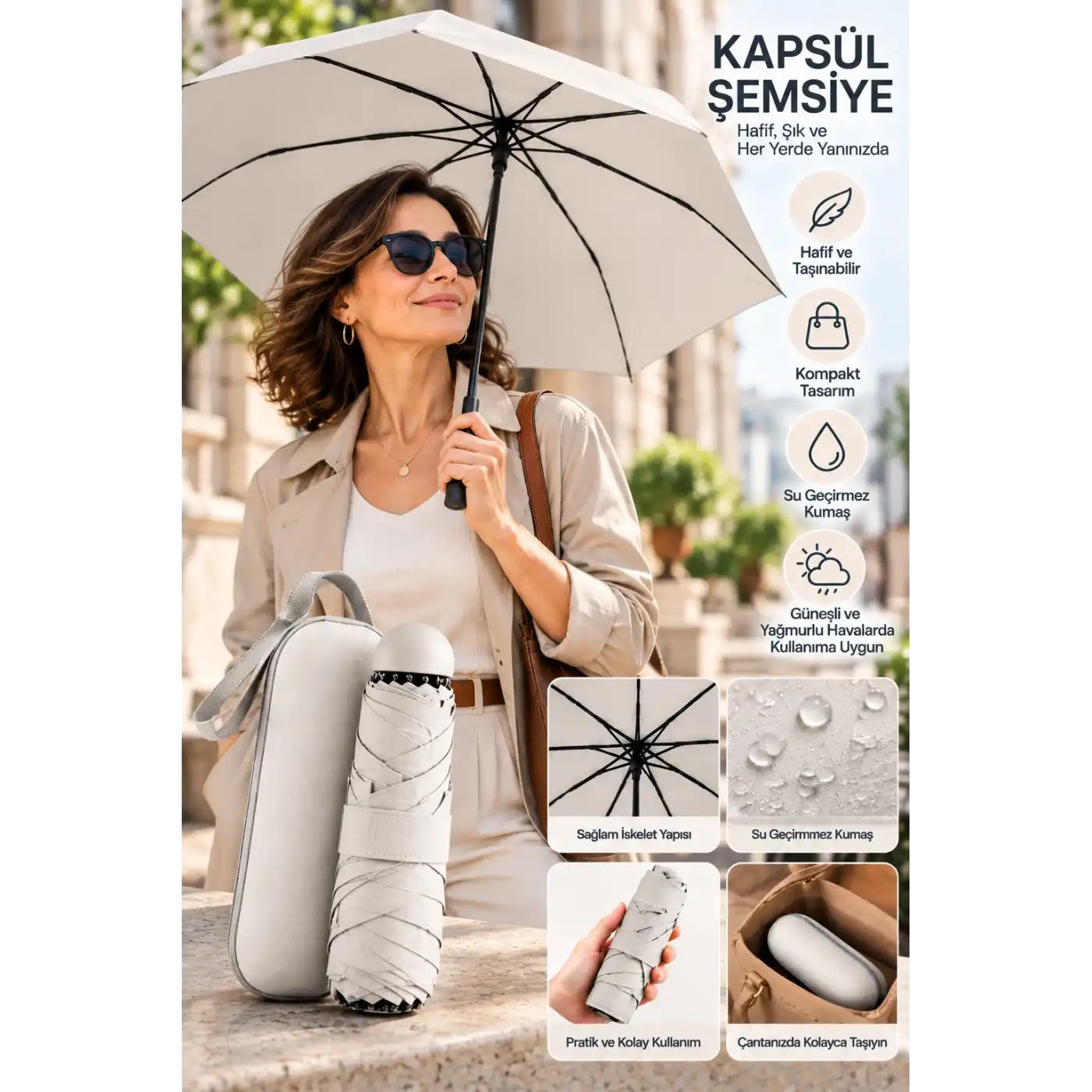 KAPSÜL ŞEMSİYE AÇIK GRİ