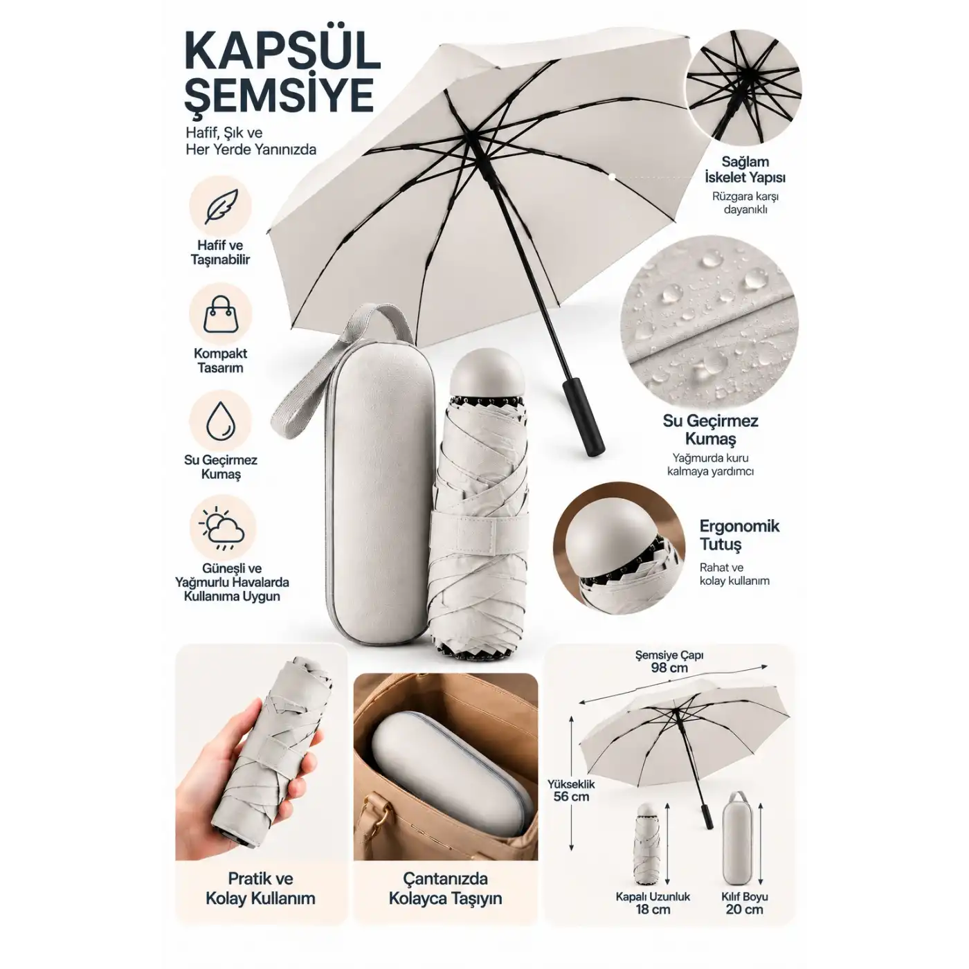 KAPSÜL ŞEMSİYE AÇIK GRİ