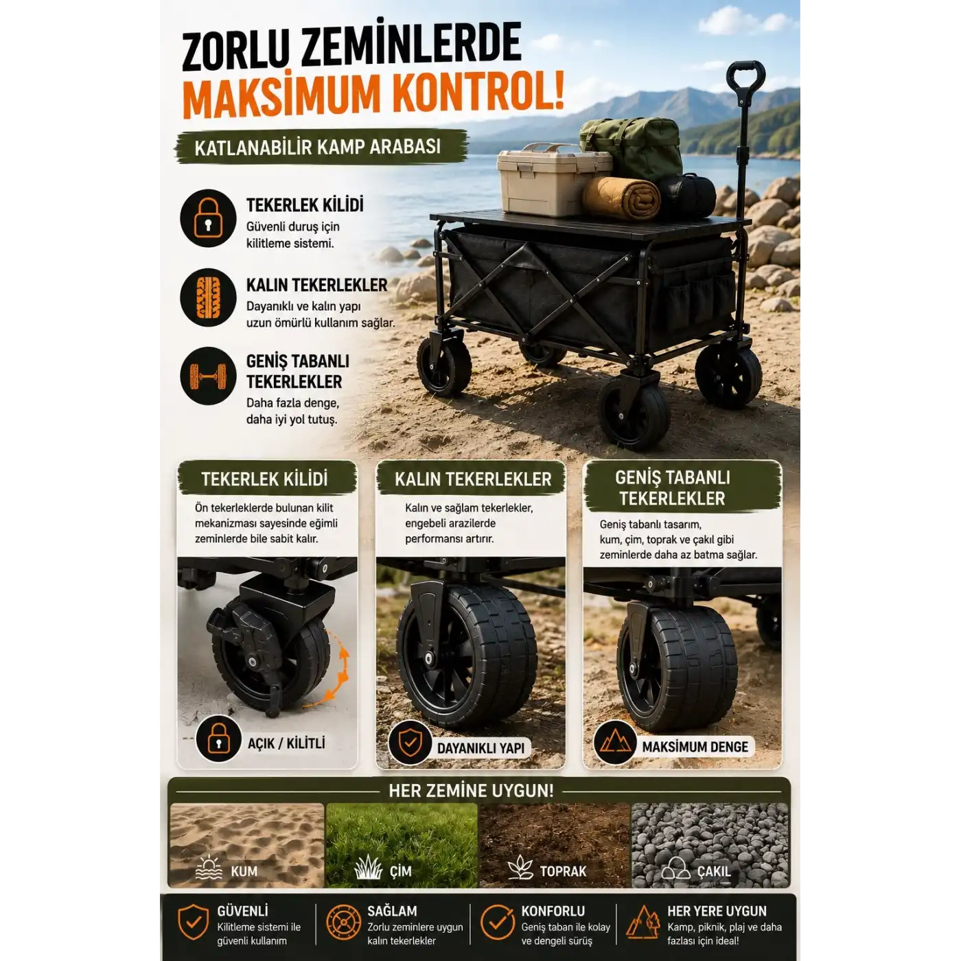 Katlanabilir Kamp Arabası Üst Tablalı 130 Kg Taşıma Kapasiteli Geniş Tekerlekli Çekçek