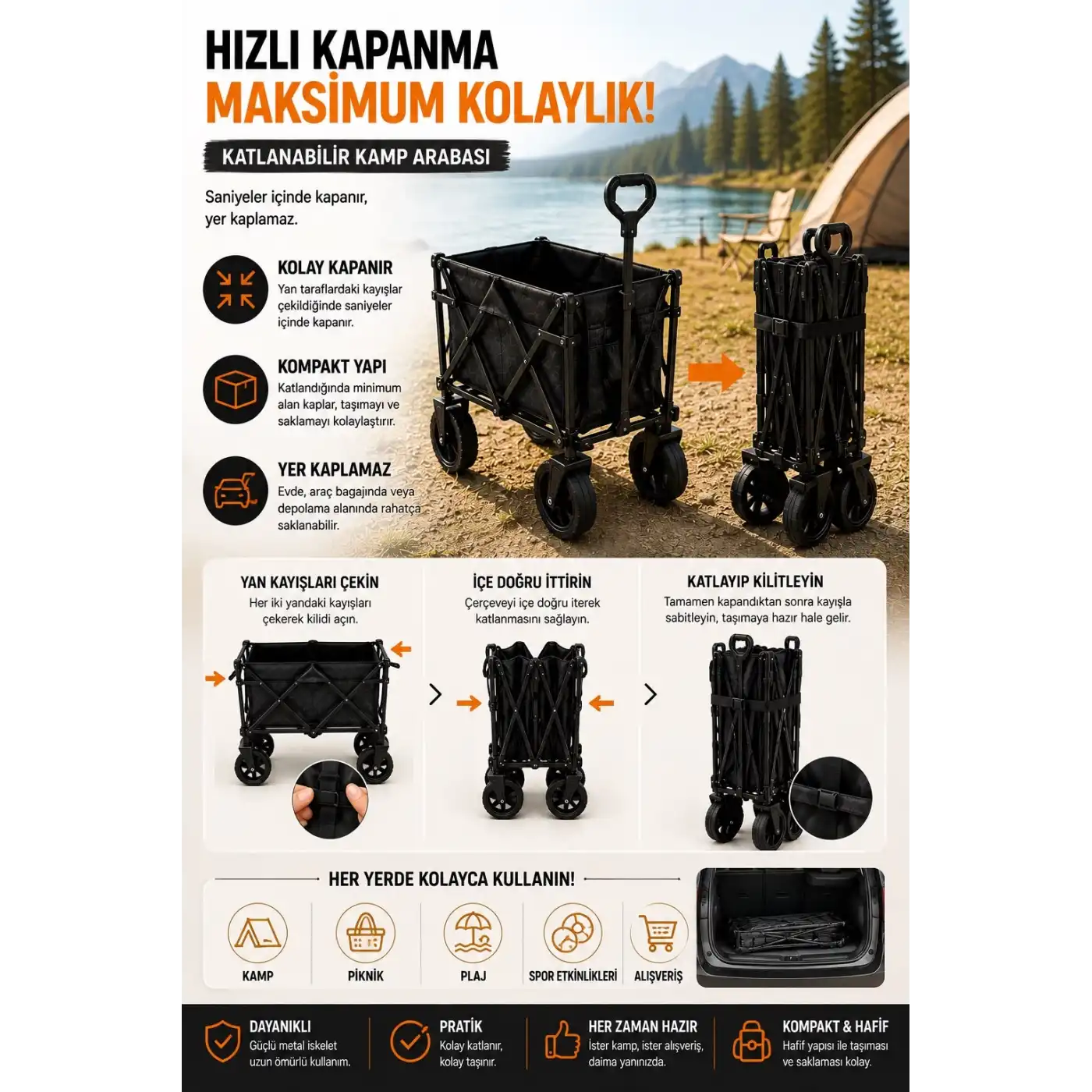 Katlanabilir Kamp Arabası Üst Tablalı 130 Kg Taşıma Kapasiteli Geniş Tekerlekli Çekçek