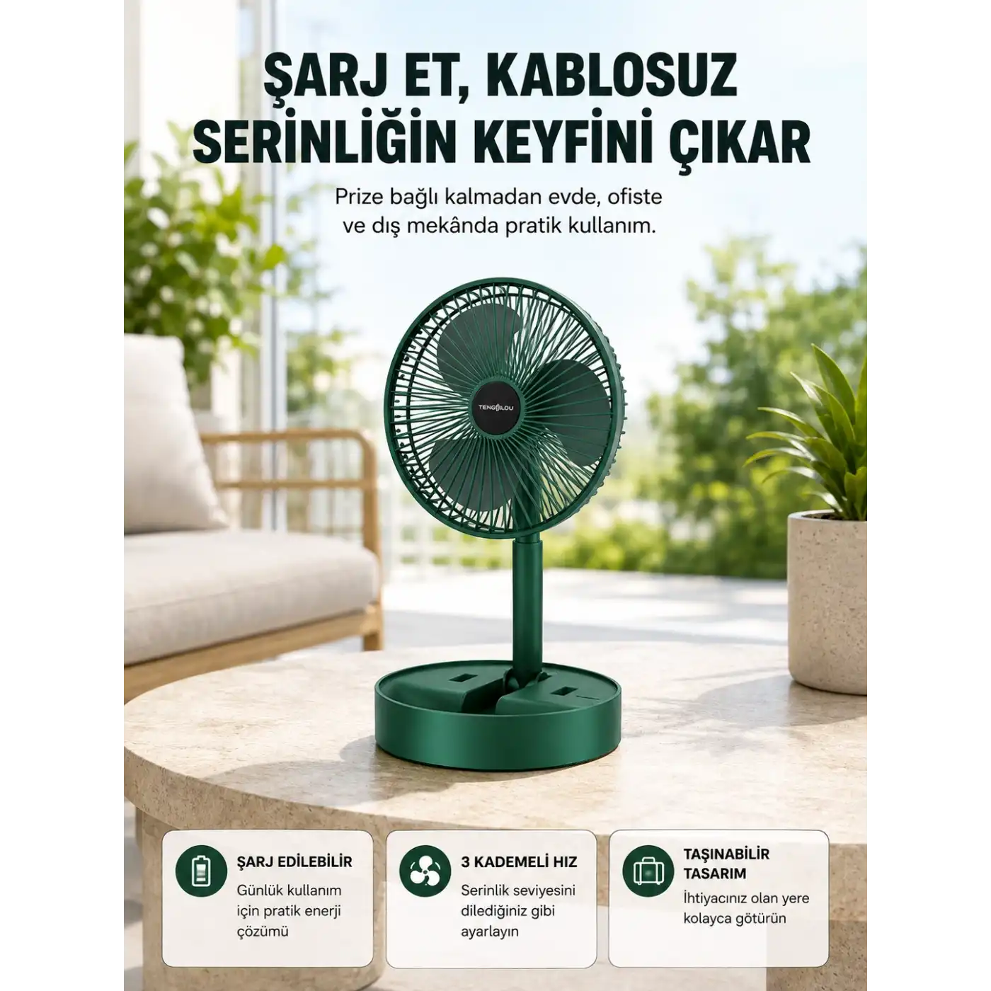 Katlanabilir Şarjlı Mini Fan 3 Kademeli Hız Ayarlı Taşınabilir