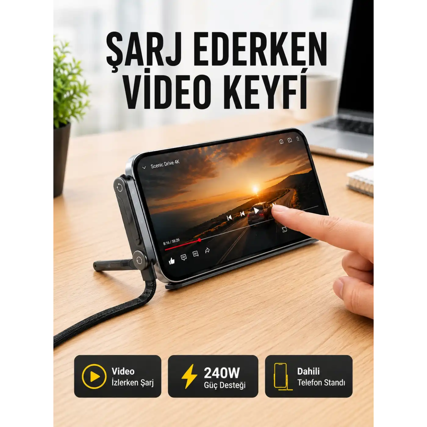 Katlanabilir Telefon Standlı 240W Type-C Hızlı Şarj Kablosu