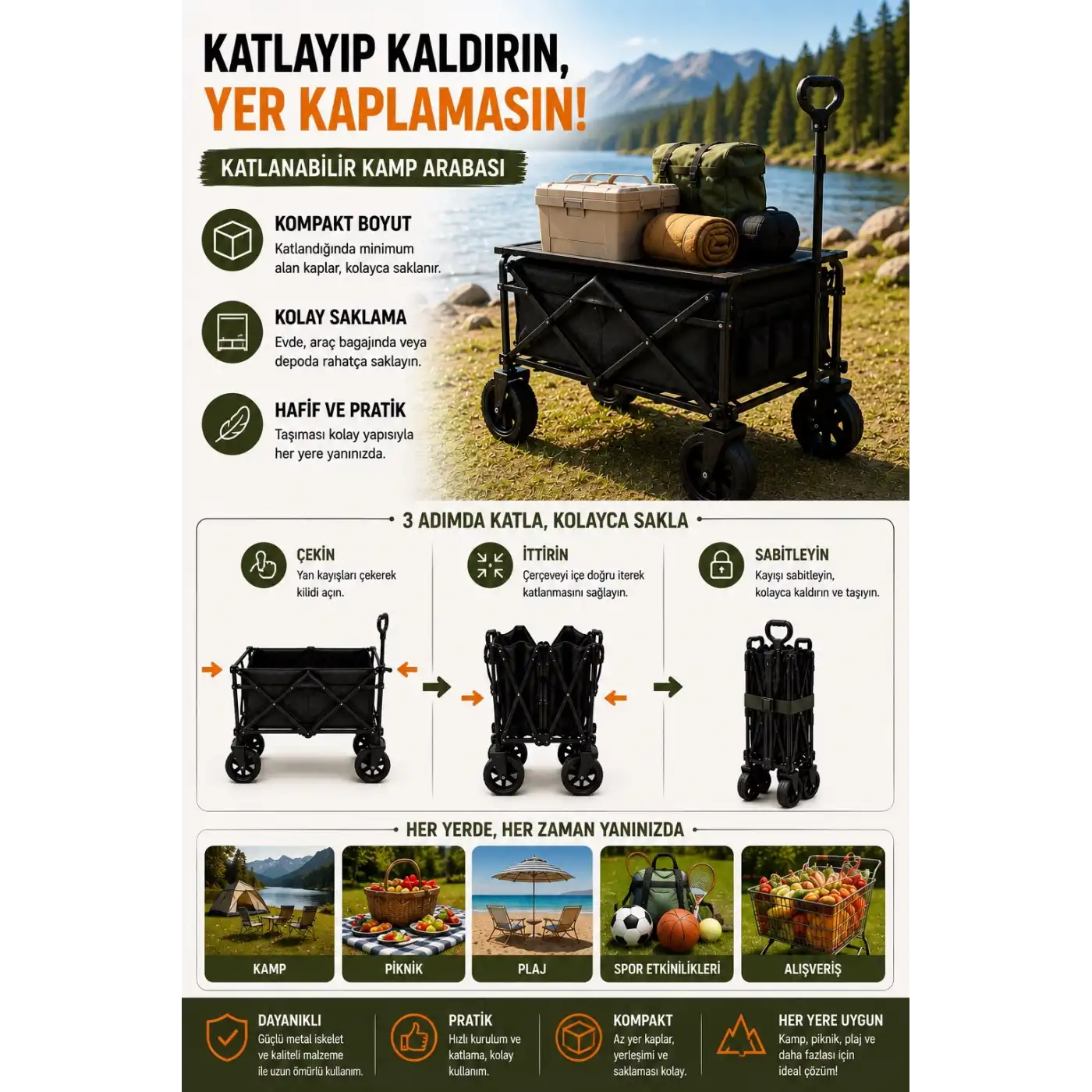 Katlanır Kamp Arabası 130 Kg Kapasiteli Üst Tablalı Kalın Tekerlekli Çok Amaçlı Taşıma Arabası