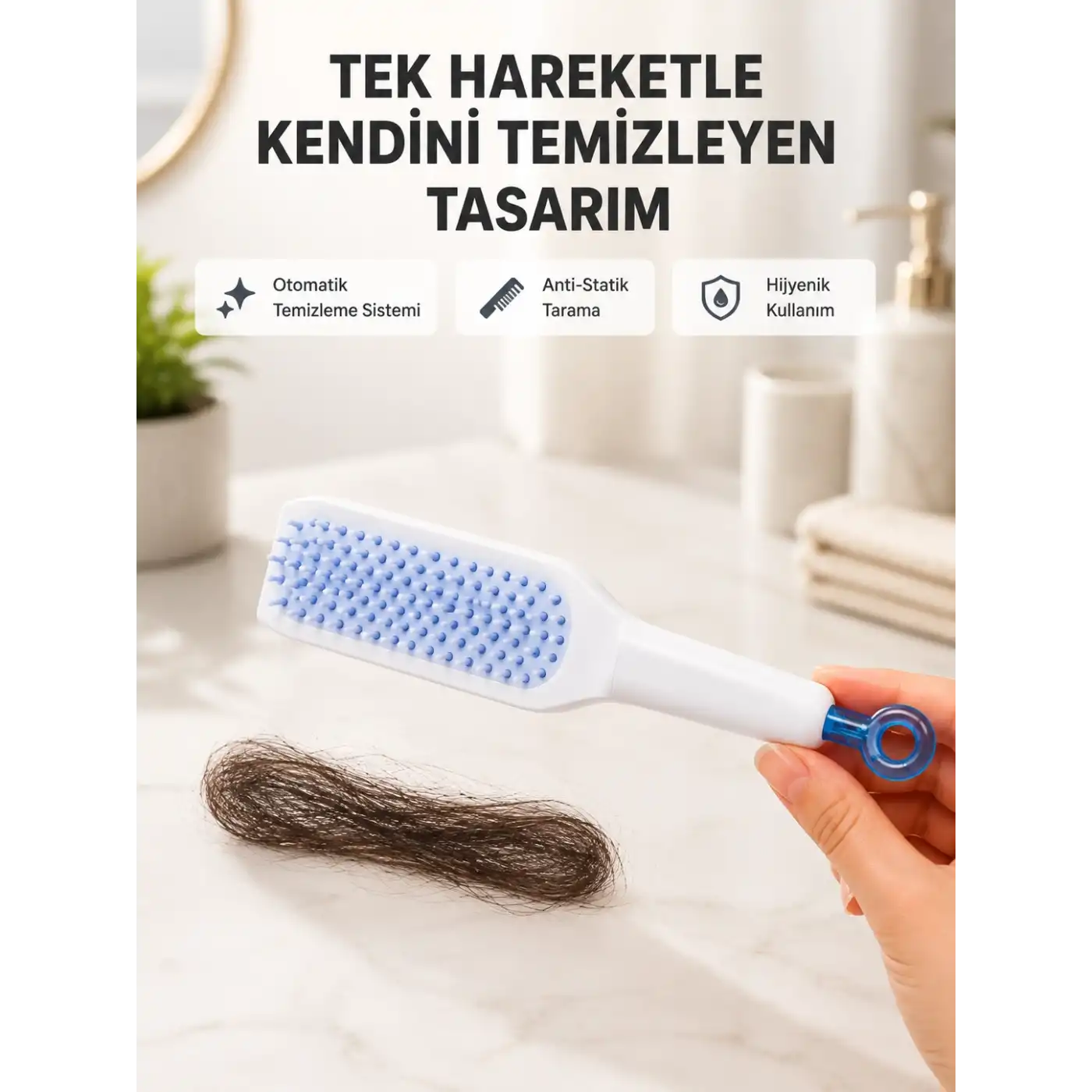 Kendi Kendini Temizleyen Saç Tarağı – Anti-Statik, Silikon Uçlu, ABS Malzeme, 22x4 cm