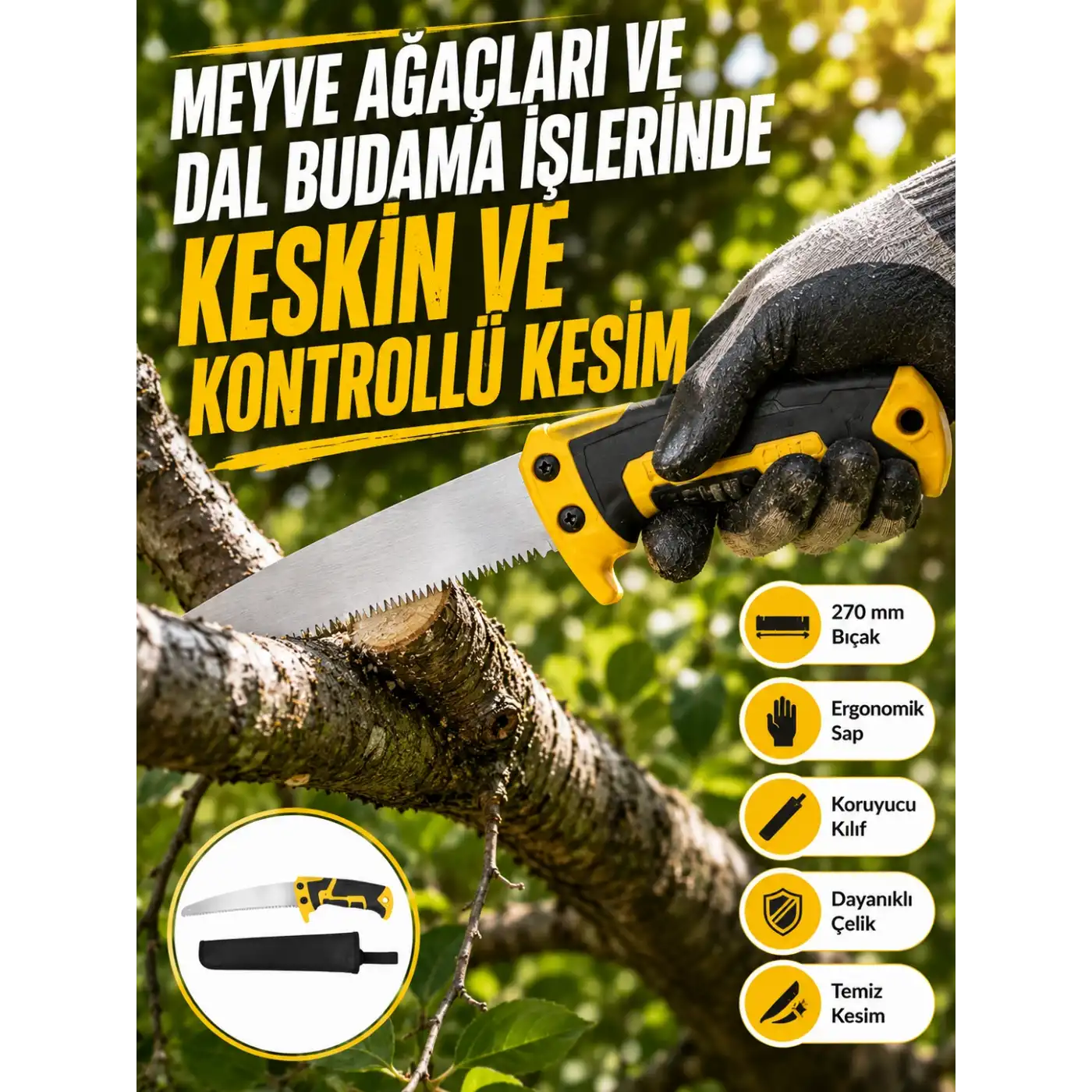 Kılıflı Budama Bahçe Testeresi 270 mm Düz Bıçaklı