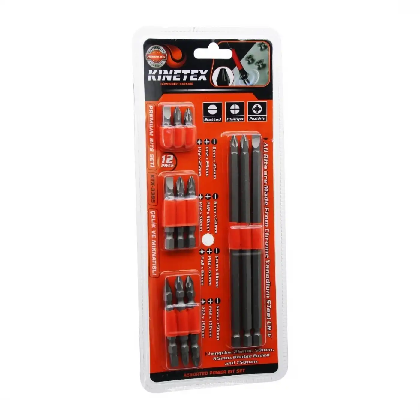 Kınetex Ktx-3385 (12in1) Premıum Bits Matkap Vidalama Uç Set(12pcs=3 Çift Taraflı+9 Tek Taraflı Uç) (ph2=4  Pz2=4  Düz=4pcs)*12x8
