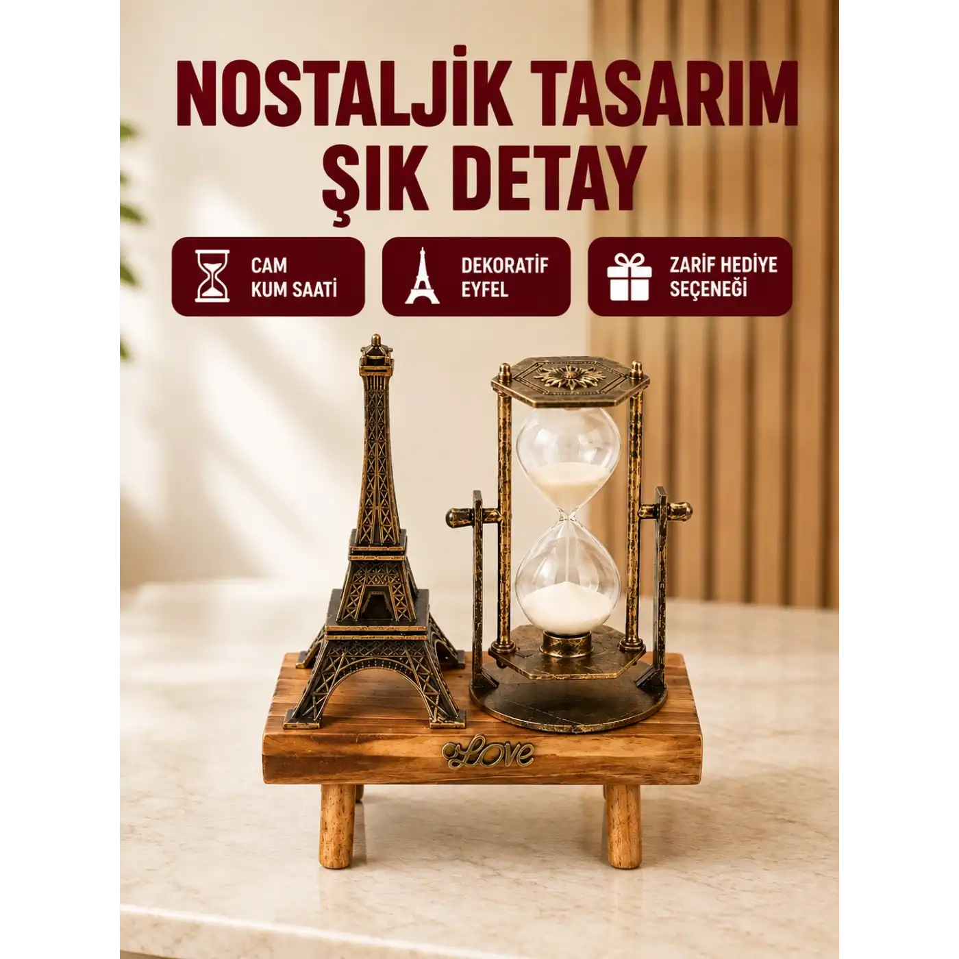 Klasik Tasarımlı Ahşap Kum Saati – Ev ve Ofis İçin Masaüstü Aksesuarı