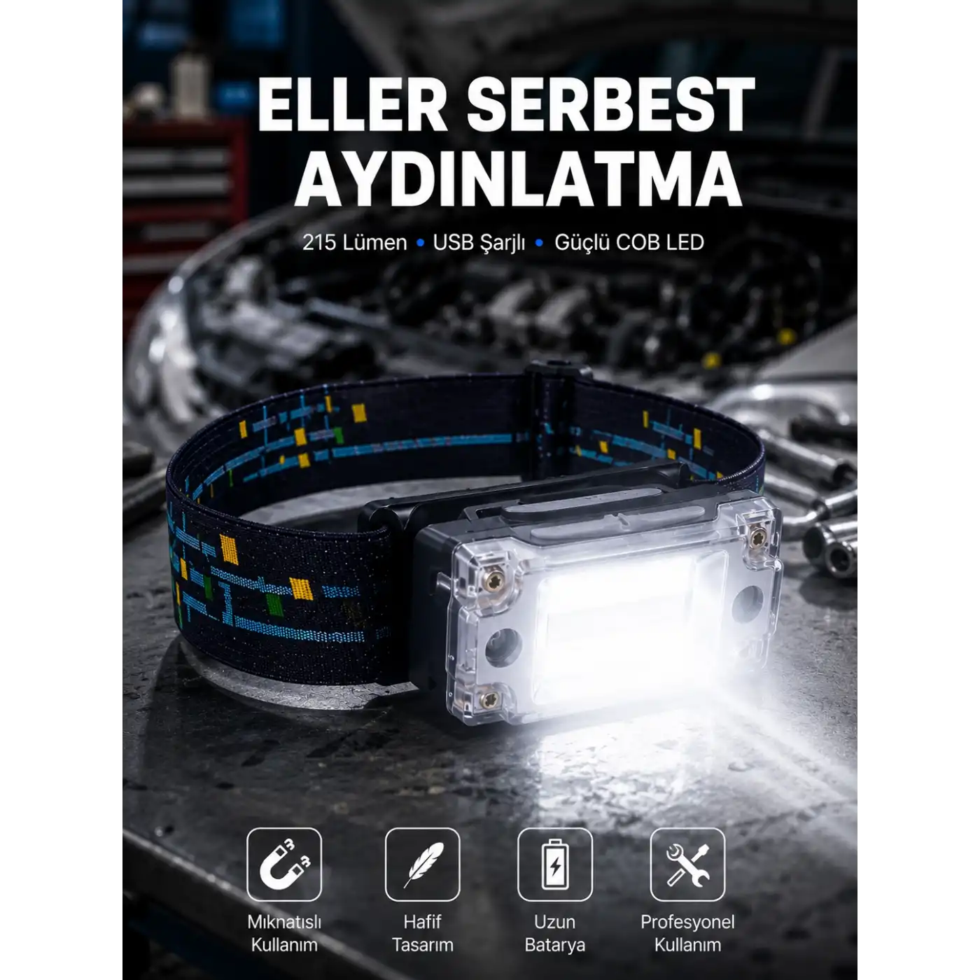 Kompakt LED Kafs Feneri USB Şarjlı Manyetik 2 Işık Modlu 215 Lümen Yeni Nesil