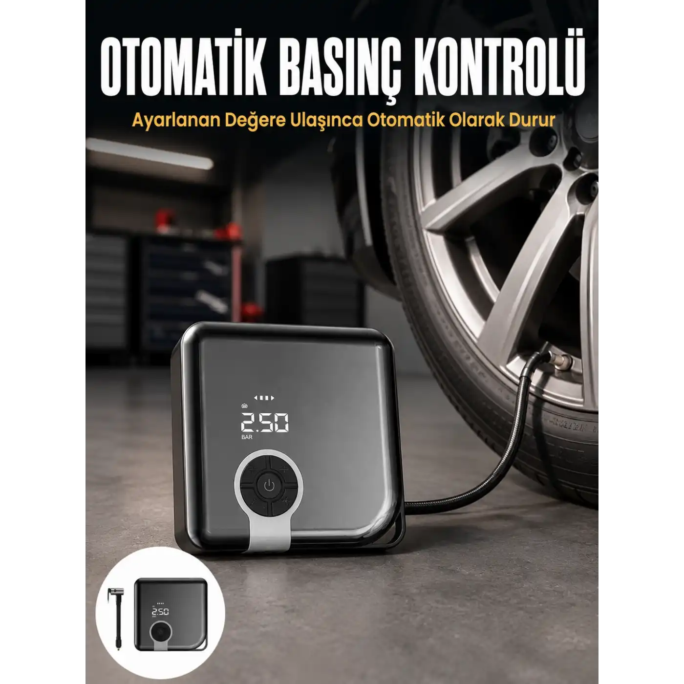 Kompakt Tasarımlı LED Işıklı Taşınabilir Hava Kompresörü Yeni Nesil