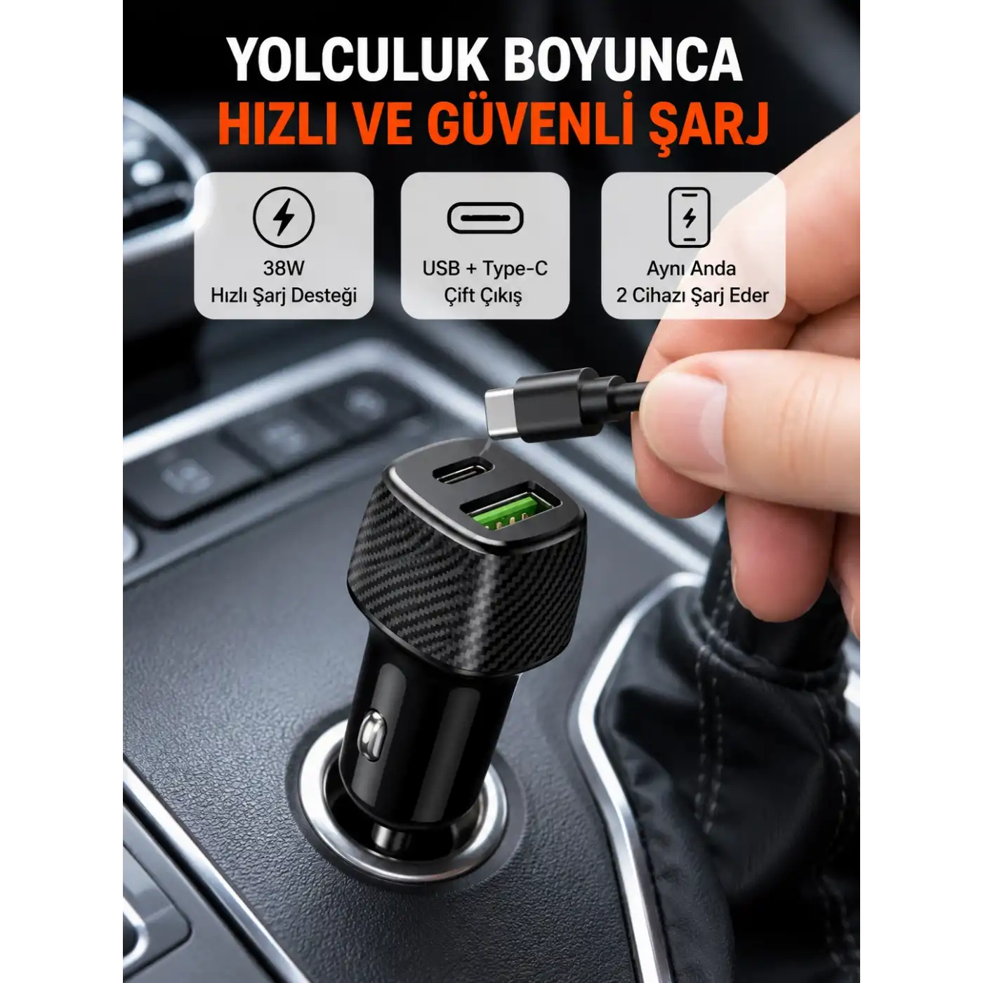 Kompakt Tasarımlı Type-C + USB Girişli Araç Şarj Başlığı