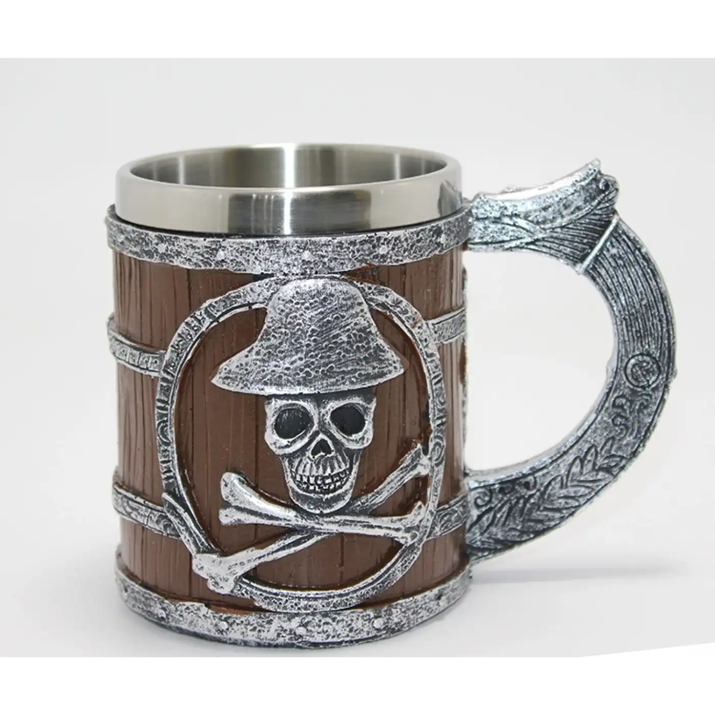 Korsan Temalı Ahşap Görünümlü 3D Kabartmalı Çelik Kupa Bardak