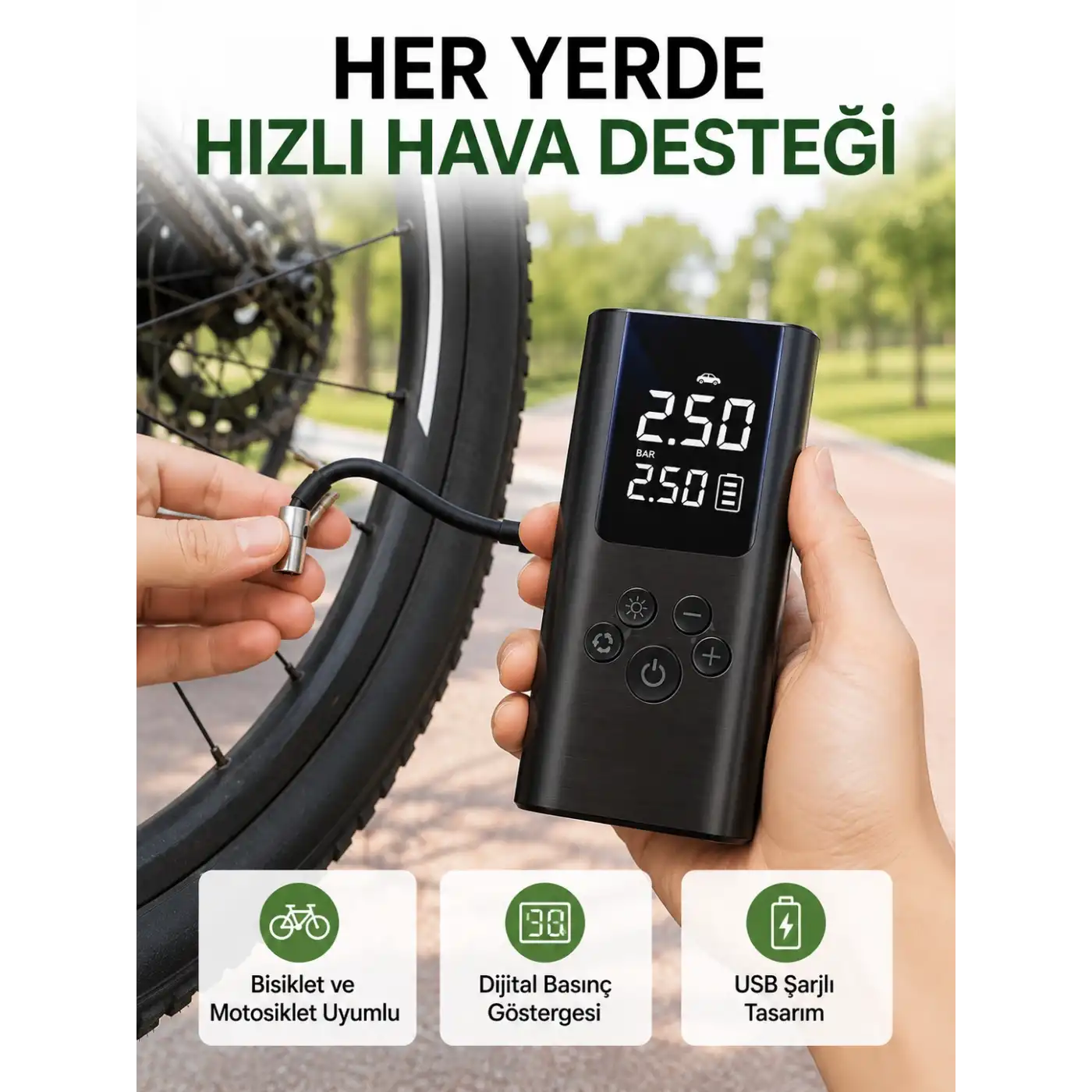 LED Işıklı Dijital Hava Pompası Araba Bisiklet Uyumlu