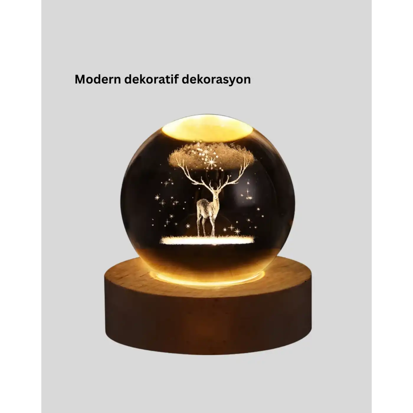 LED Işıklı Geyikli Kristal Küre Ahşap Standlı Modern Dekor Lamba