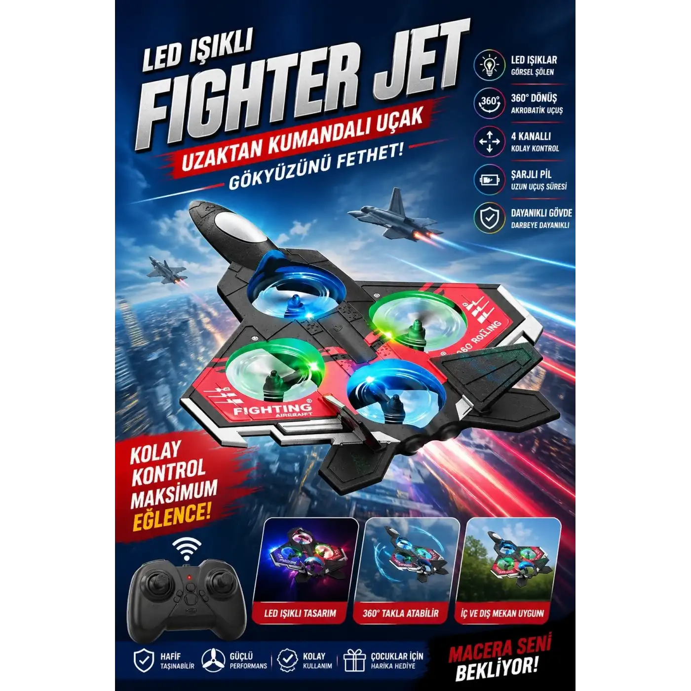 Led Işıklı Oyuncak Drone Fighter Jet Tasarımlı Uzaktan Kumandalı Uçak