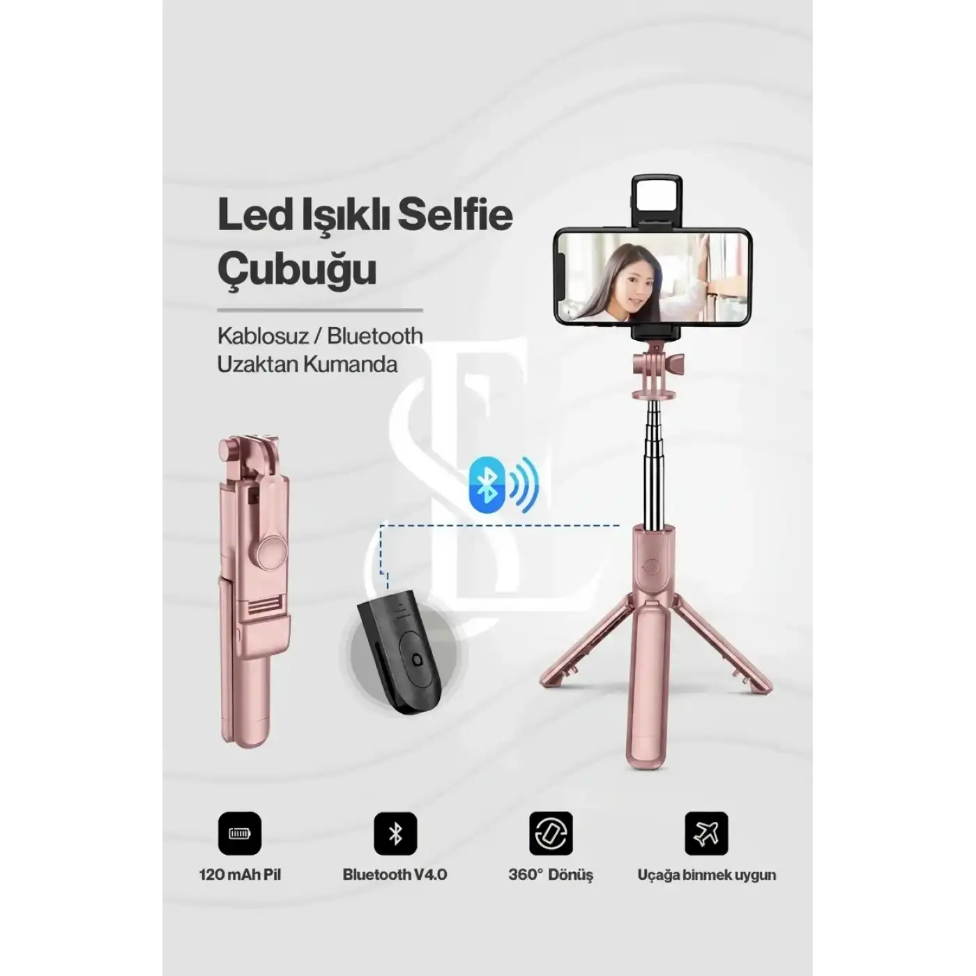 Led Işıklı Selfie Çubuğu Bluetooth Kumandalı Kablosuz Tripot Selfie Monopod Selfie Stick (Pembe)