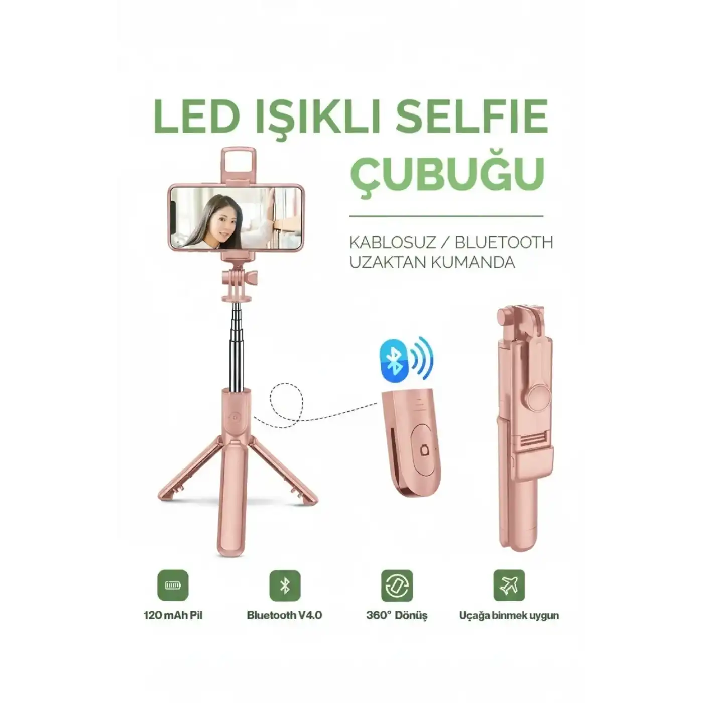 Led Işıklı Selfie Çubuğu Bluetooth Kumandalı Kablosuz Tripot Selfie Monopod Selfie Stick (Pembe)