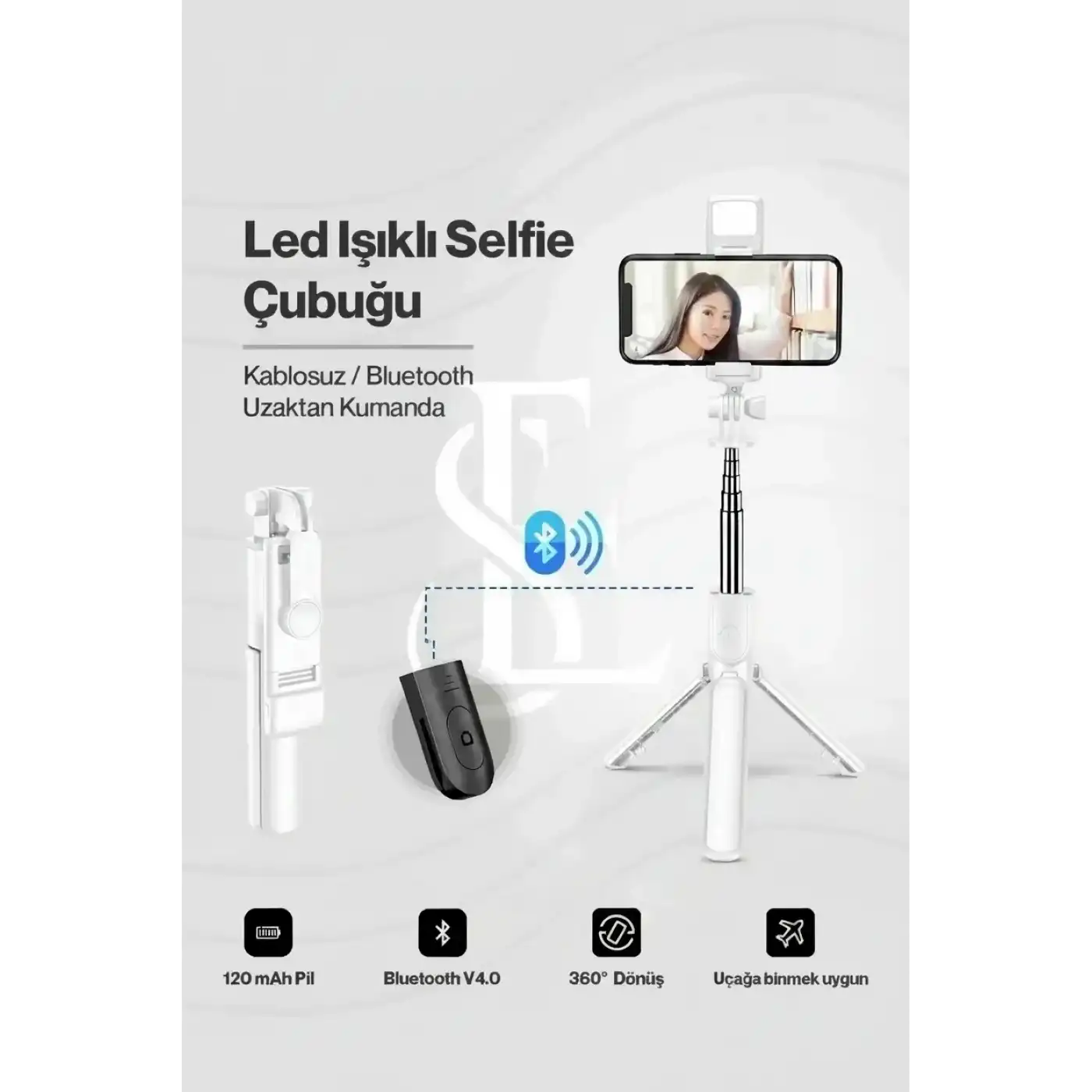 Led Işıklı Selfie Çubuğu Bluetooth Kumandalı Kablosuz Tripot Selfie Monopod Selfie Stick (Beyaz)