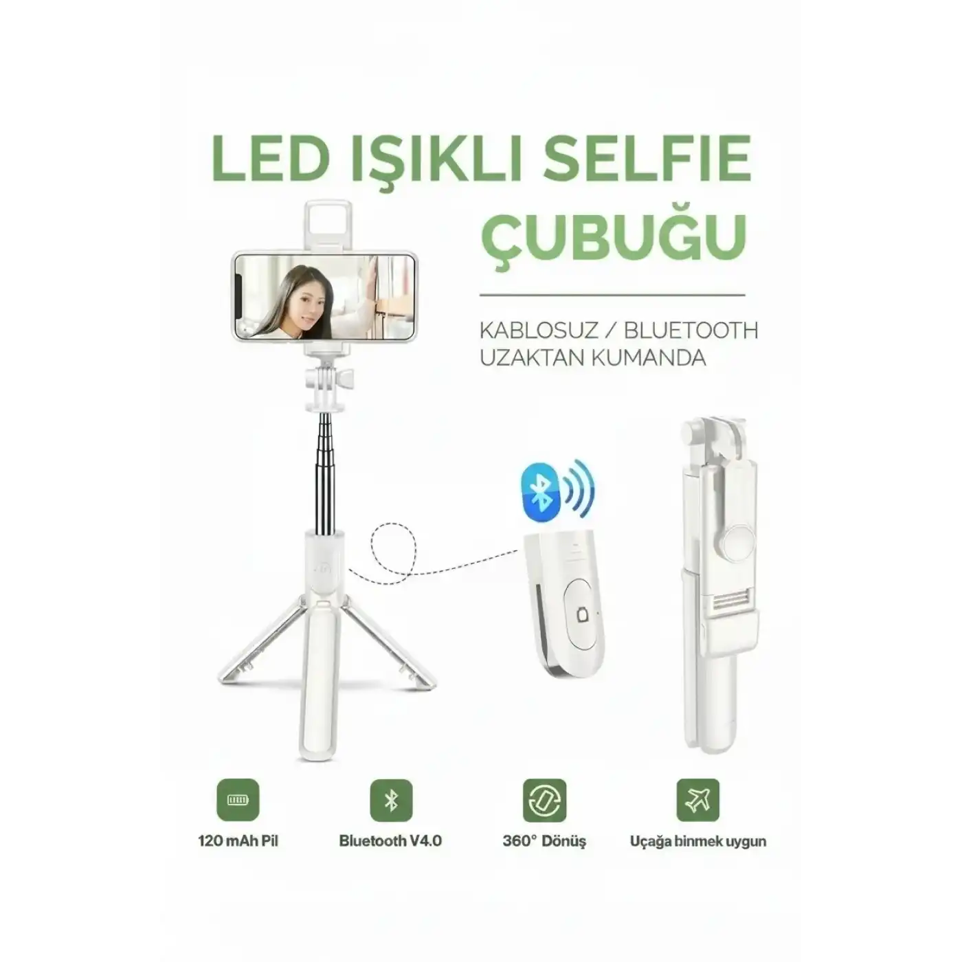 Led Işıklı Selfie Çubuğu Bluetooth Kumandalı Kablosuz Tripot Selfie Monopod Selfie Stick (Beyaz)