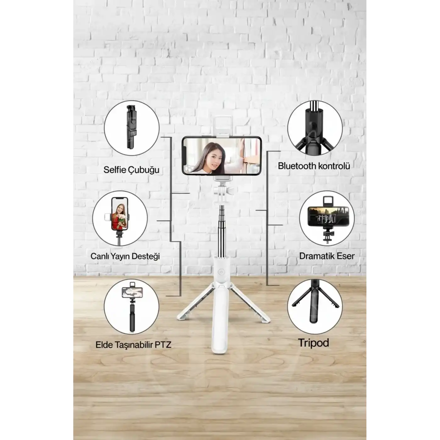 Led Işıklı Selfie Çubuğu Bluetooth Kumandalı Kablosuz Tripot Selfie Monopod Selfie Stick (Beyaz)