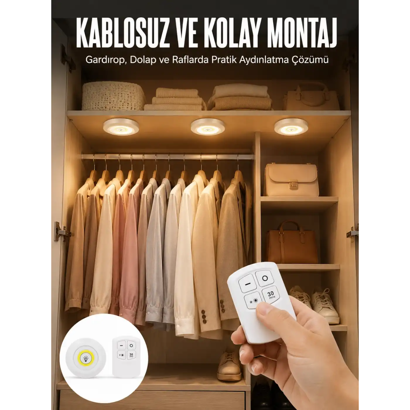 Led Lamba 3lü Uzaktan Kumandalı Yapışkanlı Beyaz Işık (Kopya)