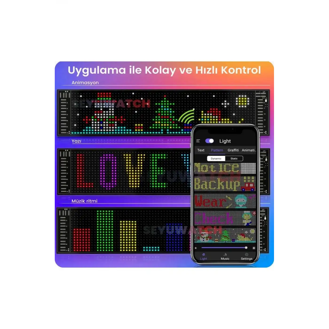 Led Panel Cama Yapışan Telefon Kontrollü Led Ekran Panel 16*64 Led Sayısı