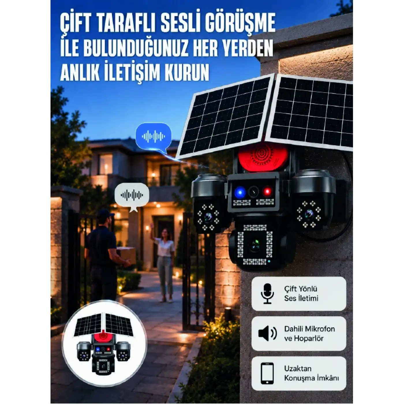 LED Projektörlü Sirenli Güneş Enerjili Akıllı Güvenlik Kamerası