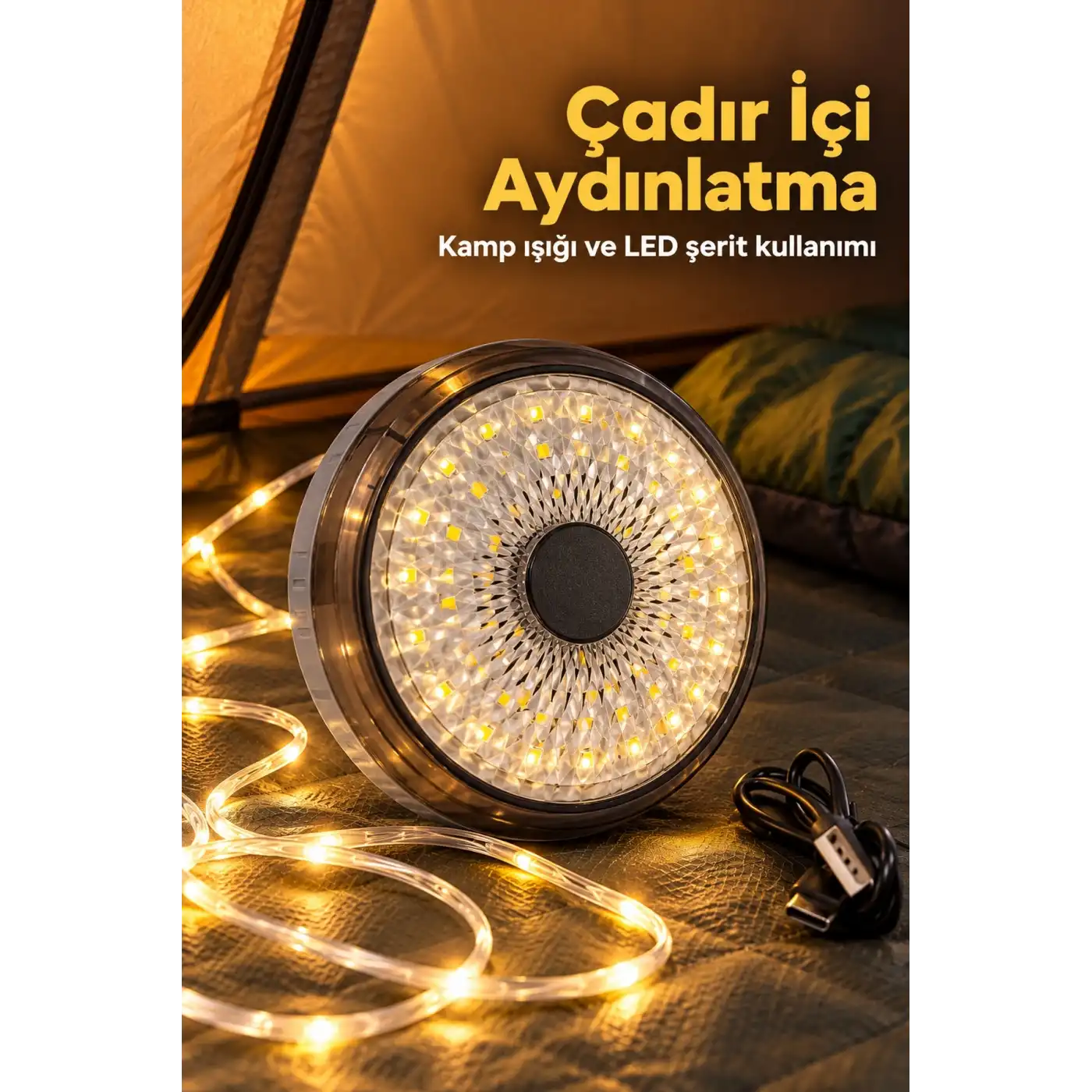 LED Şeritli Kamp Işığı Type C Şarj Girişli