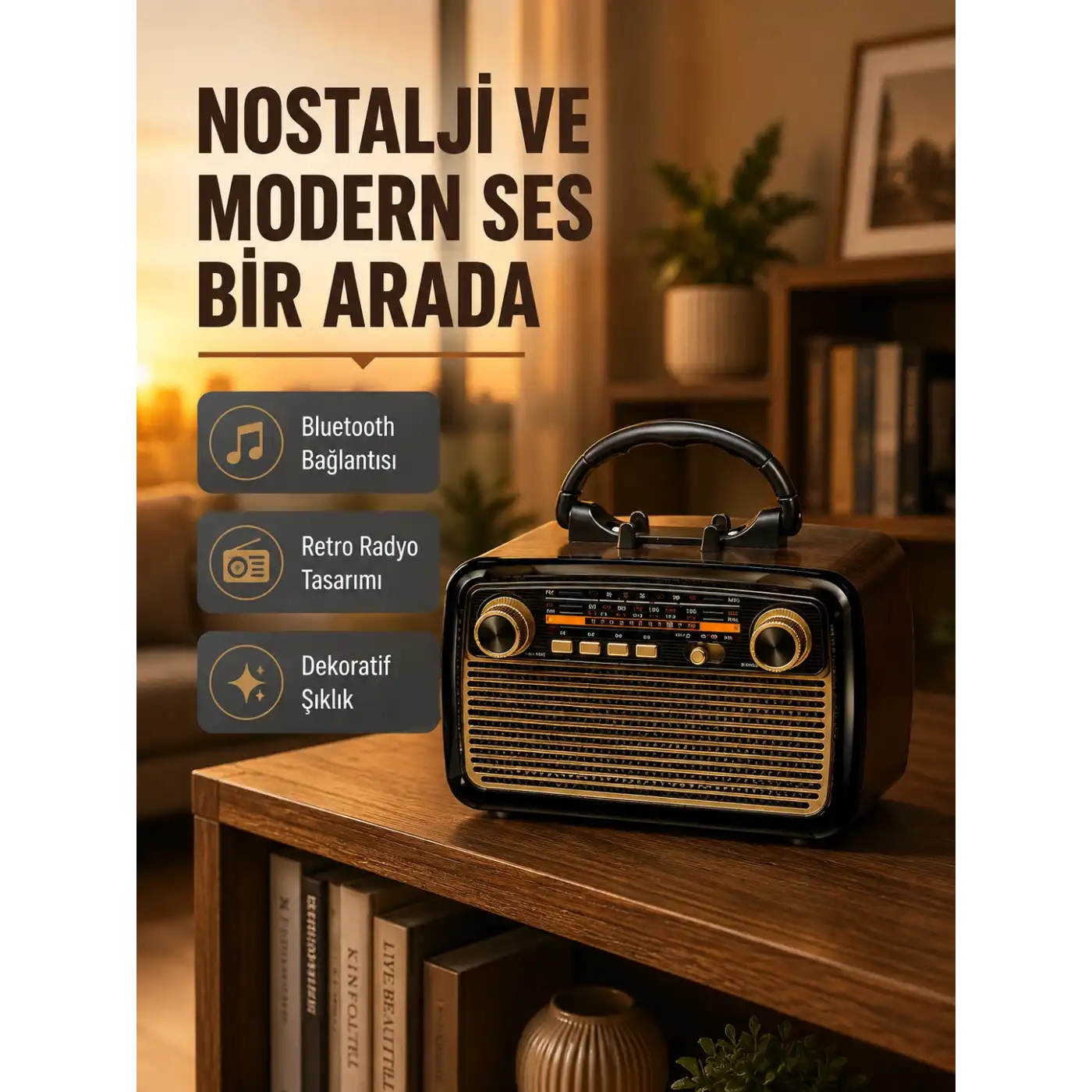 LED’li Nostaljik Bluetooth Hoparlör – Vintage Tasarım, Ahşap Doku